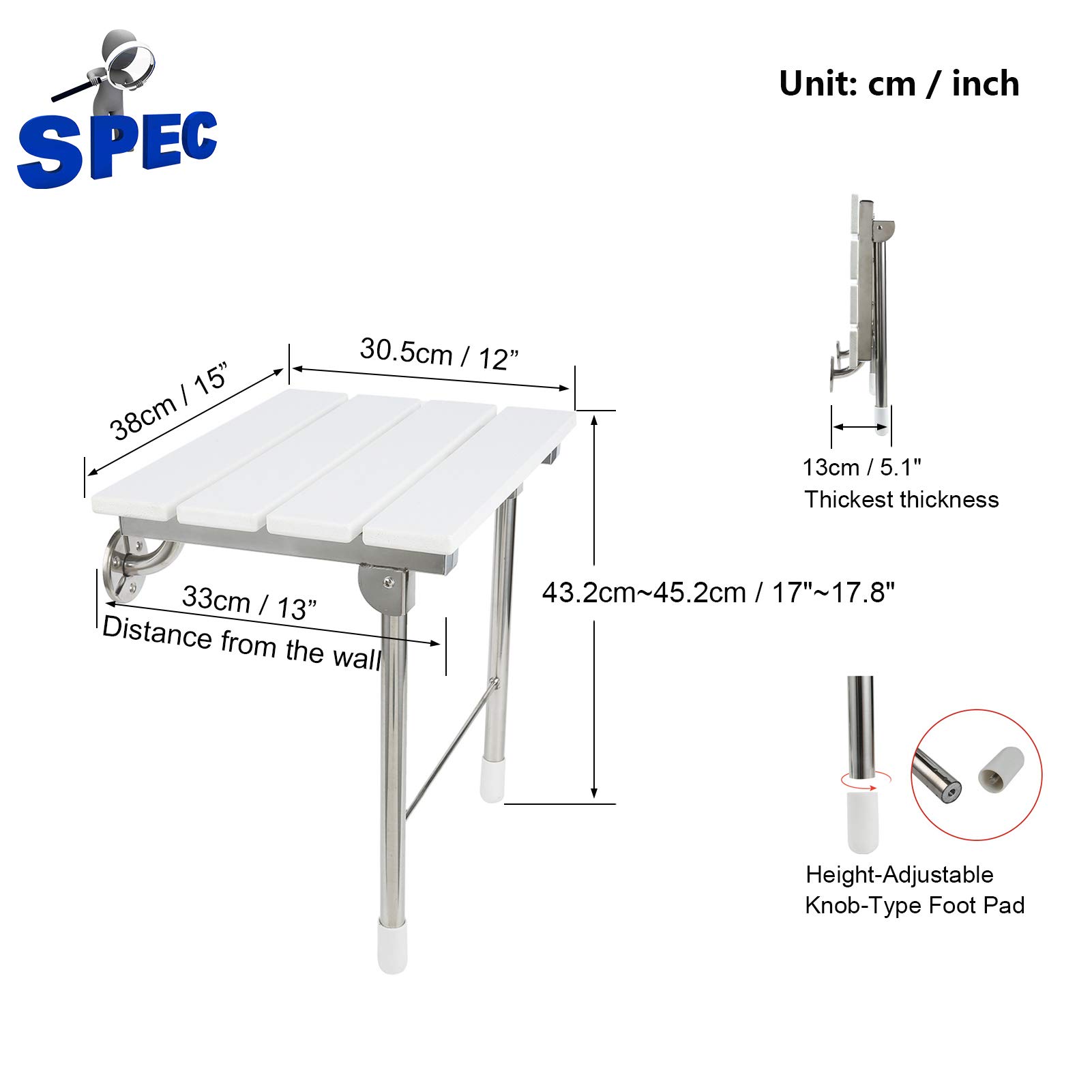 **Wall Mounted Folding Shower Seat – Solid Wood Bathroom Safety Stool with Support Legs, 350 lbs Weight Capacity, 14.88