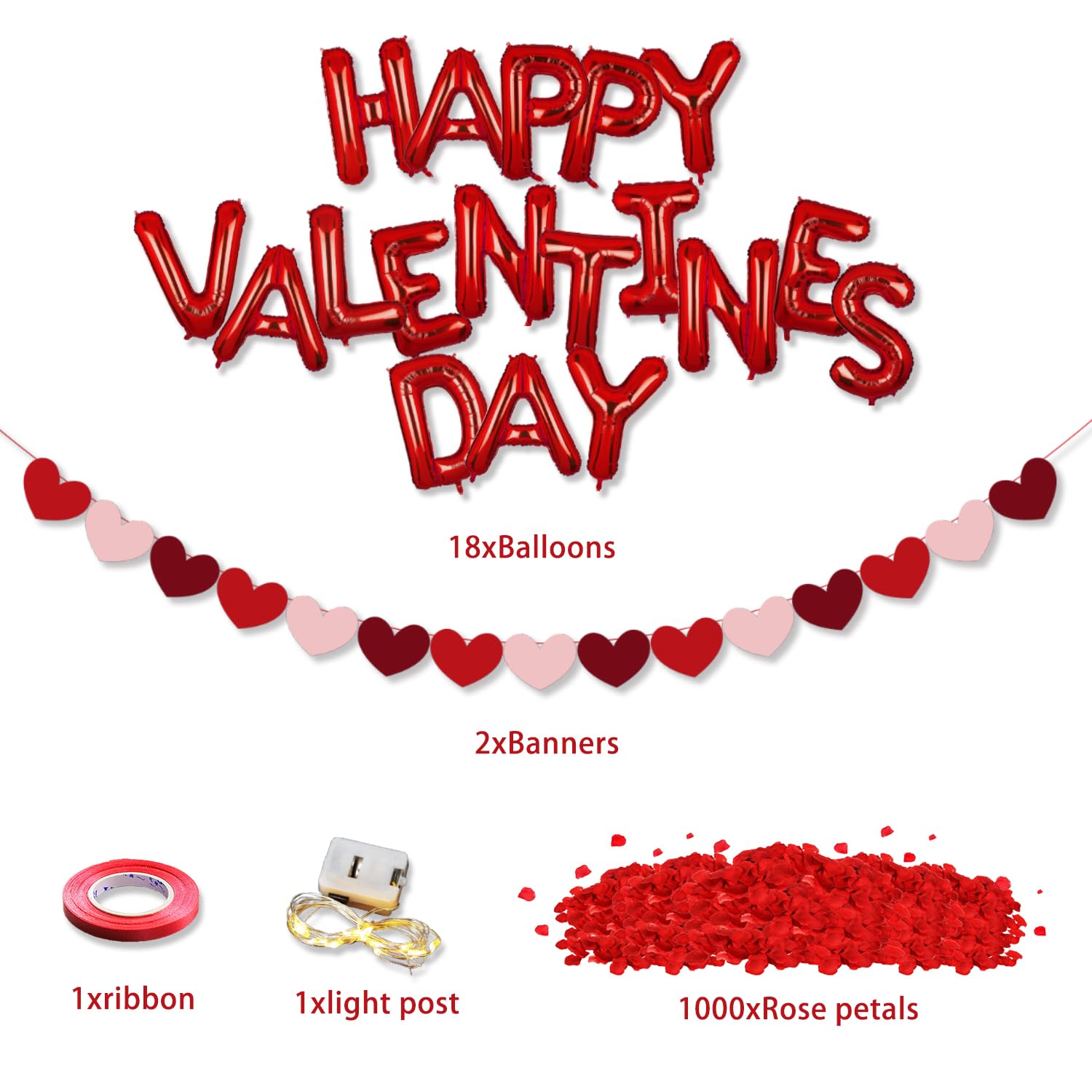 Valentine's Day Balloons & Party Decorations Set - Happy Valentine's Day Balloons, Heart Banner, Rose Petals & String Lights for Wedding & Romantic Celebrations | Perfect for Valentine's Party, Anniversary & Proposal Decor