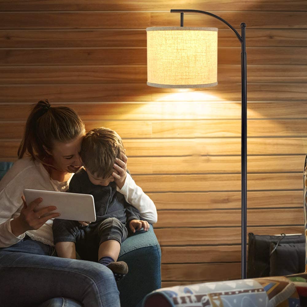 Modern Arc Floor Lamp with Lantern Shade - Farmhouse Industrial Standing Light for Bedroom, Living Room, Office - 3000K Warm White Bulb Included - Perfect for Reading, Relaxing & Home Decor