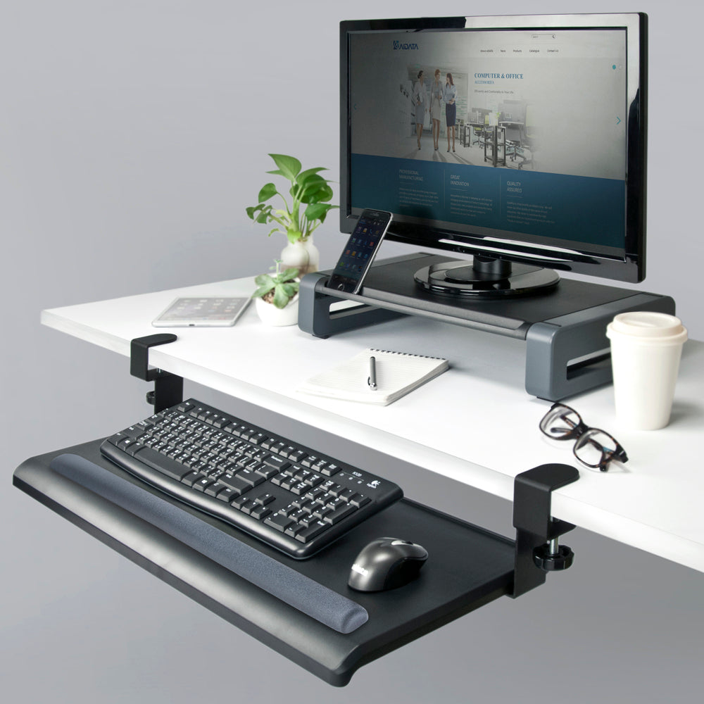 Ergonomic Extra Wide Desk Clamp Keyboard Tray with Gel Wrist Rest - Adjustable Under Desk Keyboard Holder for Comfortable Typing - Perfect for Home Office, Gaming Setup & Workspace Organization