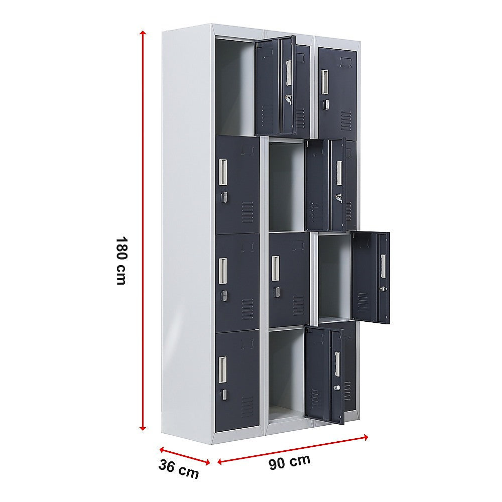 12-Door Locker with Padlock - Heavy Duty Steel Storage Cabinet for Office, Gym, School, Home & Shed - Secure Equipment & Personal Belongings Storage Solution
