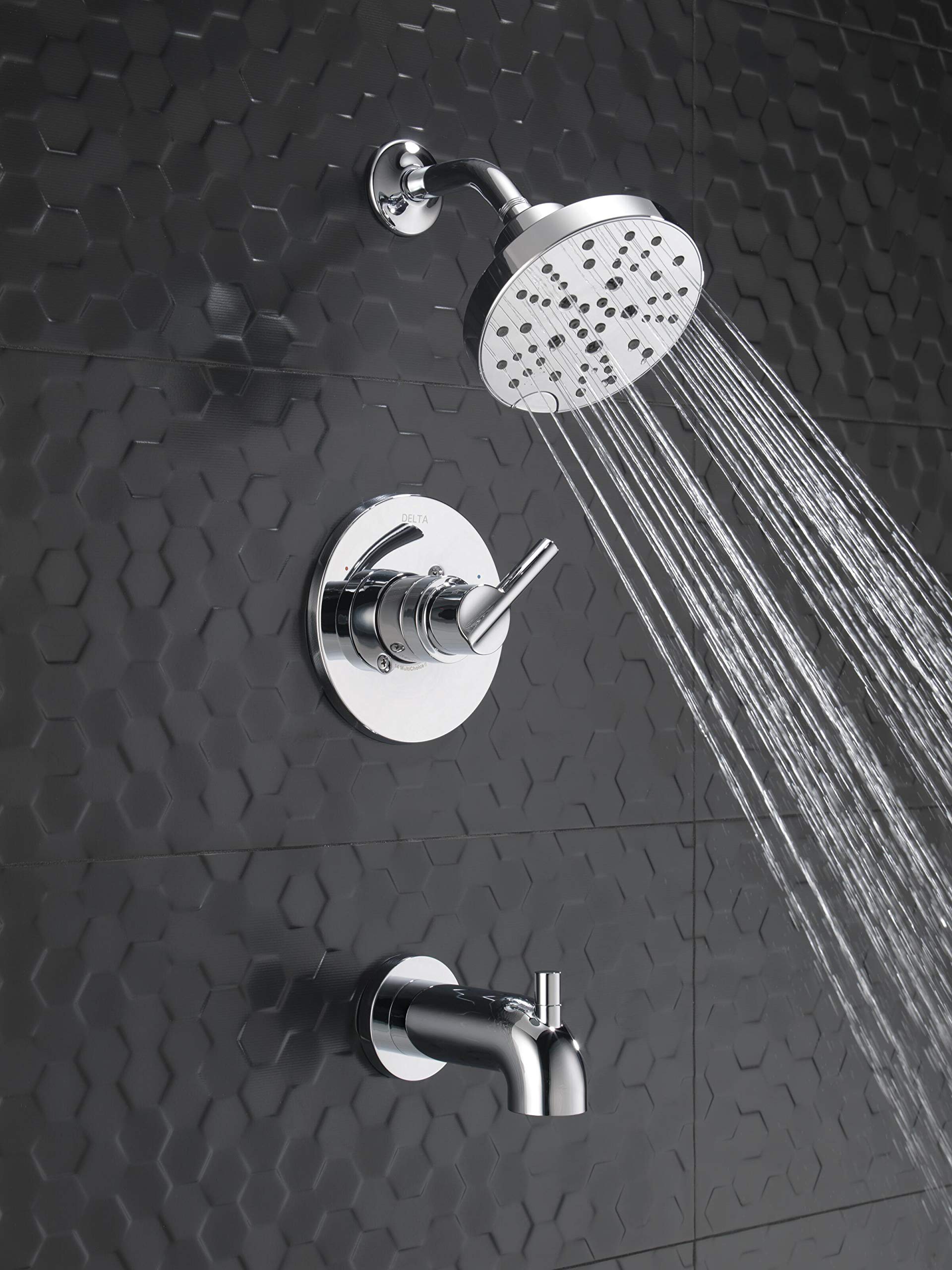 Delta Faucet Nicoli 14 Series Single-Handle Tub and Shower Trim Kit with 5-Spray H2Okinetic Shower Head - Chrome 144749 (Includes Shower Valve) - Perfect for Modern Bathroom Renovations and Spa-Like Shower Experiences