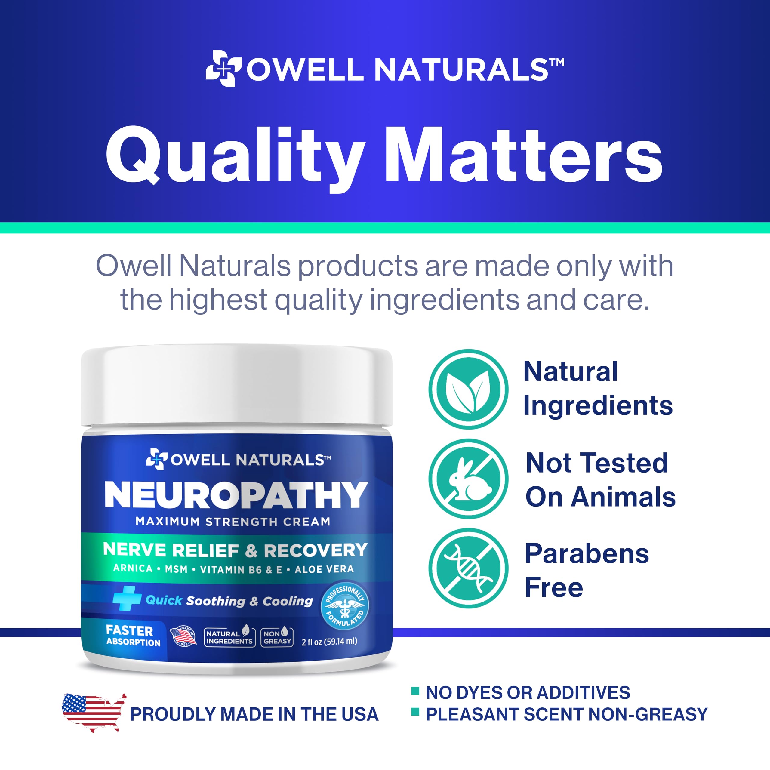 OWELL NATURALS Extra Strength Neuropathy Cream - Nerve Pain Relief for Feet, Hands, Legs & Toes with Arnica, Vitamin B6, Aloe Vera & MSM - Made in USA - Soothes Diabetic Nerve Pain & Tingling for Daily Comfort
