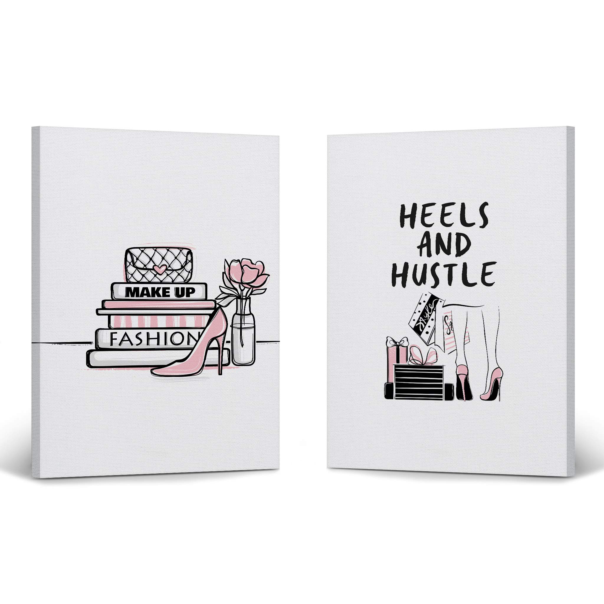 Glam Fashion Canvas Wall Art Set - Pink, Black & White Books, Bag & Heels with Hustle Quote (2-Piece, 17x11 Inches) - Ready to Hang for Office, Women's Dorm, Bedroom & Living Room Decor | Motivational Artwork for Home & Workspace