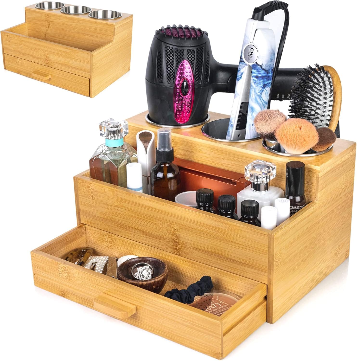 Bamboo Hair Tool Storage Organizer for Bathroom, Kitchen & Makeup | Perfect for Storing Blow Dryer, Straightener & Brushes | Space-Saving Vanity & Travel Organizer