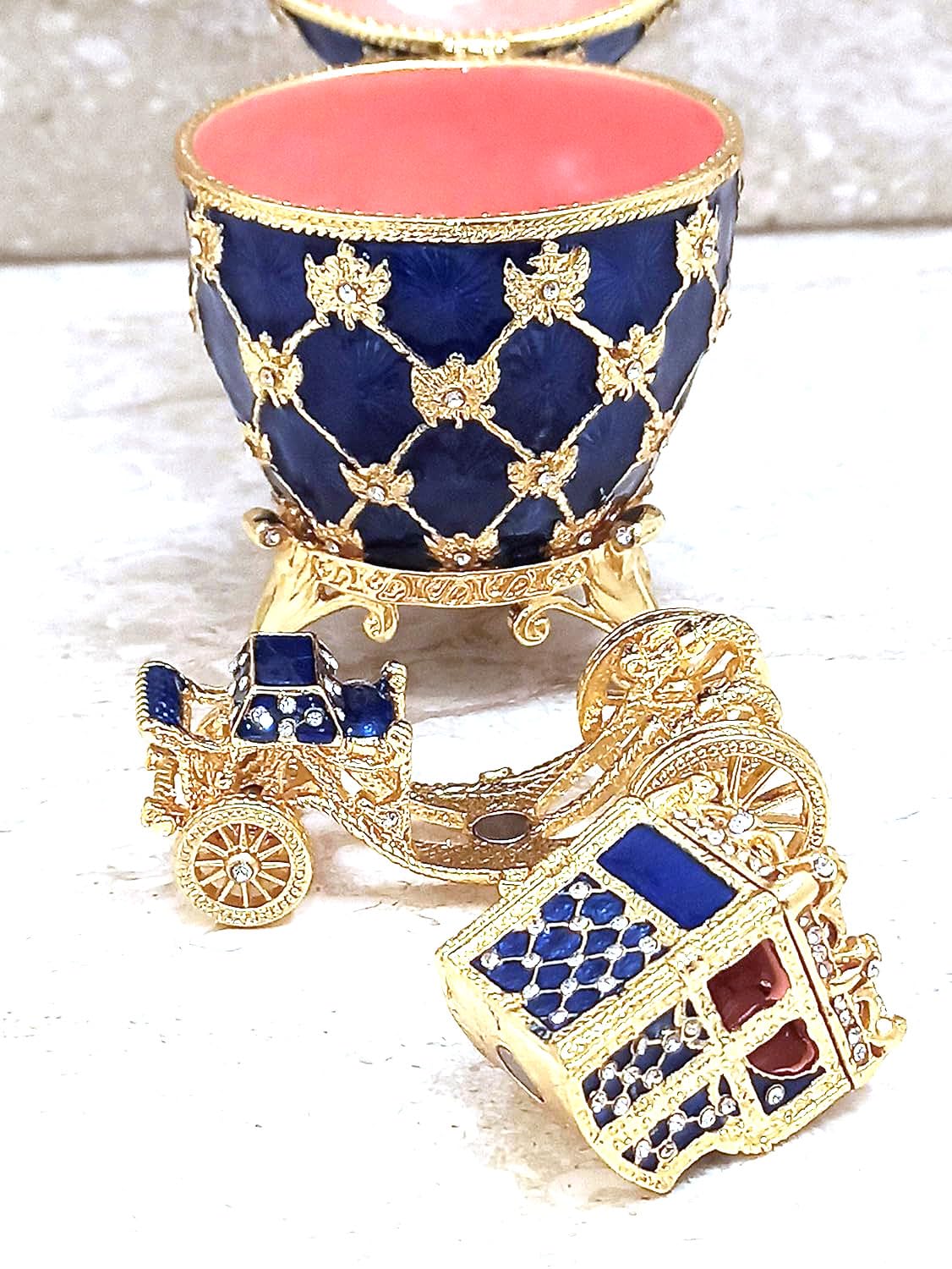Exquisite Handmade Imperial Faberge Egg Jewelry Box - Pure Gold Decor with Austrian Crystal Diamonds - Luxury Gift Set for Men (Sapphire) - Perfect for Birthday, Christmas & Anniversary Gifts - Elegant Home Decor & Collector's Item