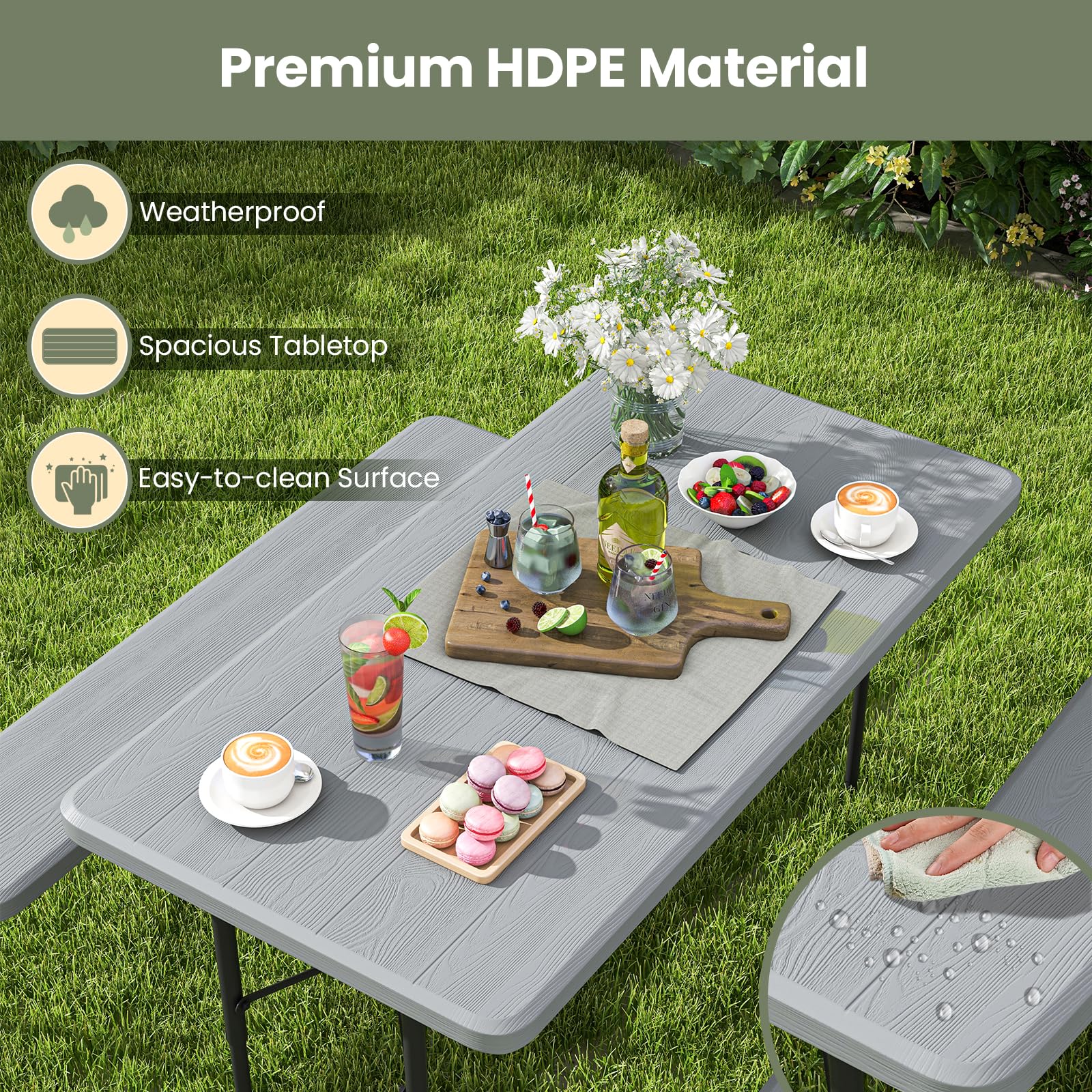 Tangkula Folding Picnic Table with 2 Benches - Portable Outdoor Metal Camping Table Set with Durable Plastic Wood-Like Tabletop & Sturdy Steel Frame - Compact Foldable Design for Picnics, BBQs, Camping, Backyard Parties, Tailgating and Outdoor Dining (Grey)
