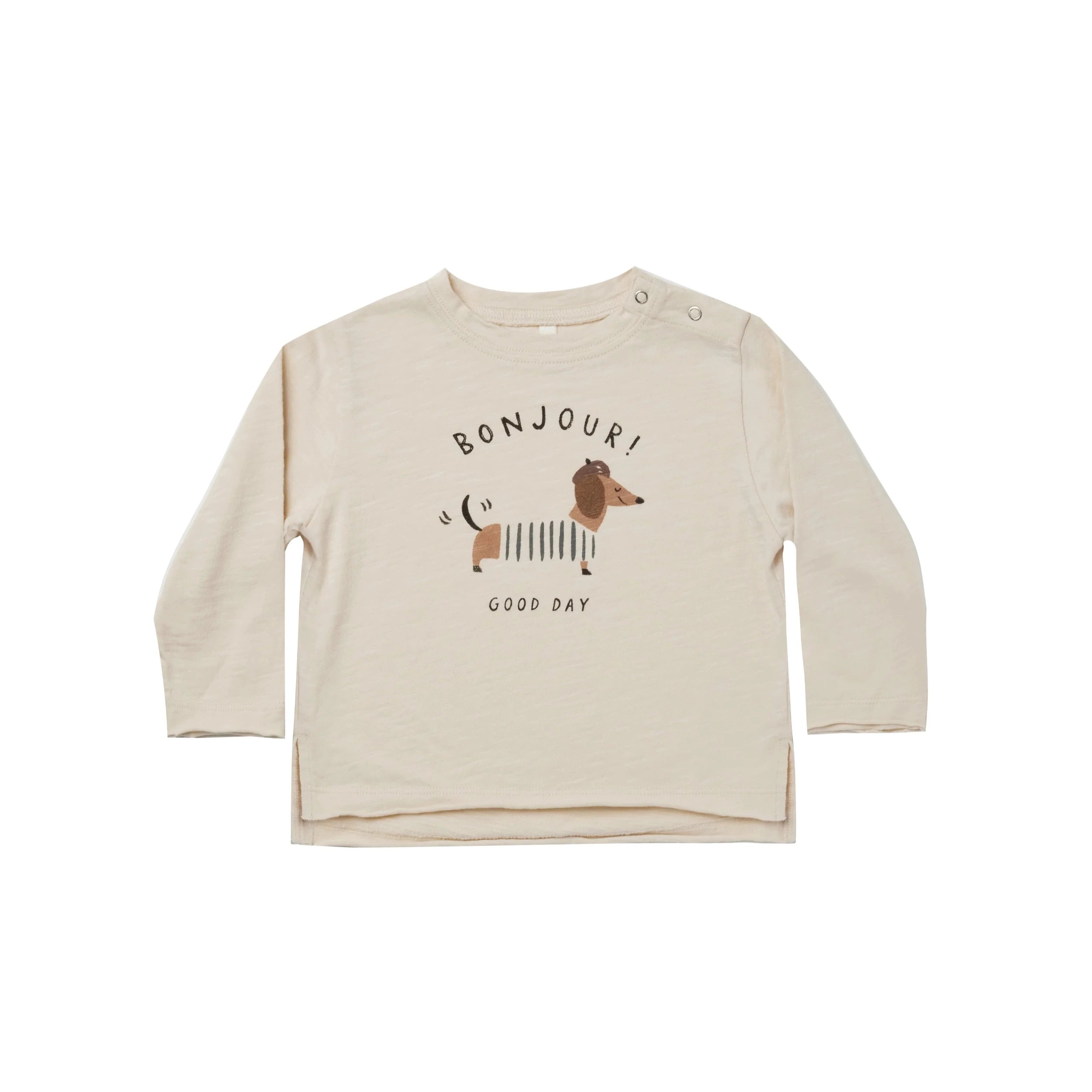 Rylee + Cru Natural Bonjour Raw Edge Long Sleeve Tee for Kids - Organic Cotton French-Inspired Top for Playdates & Everyday Wear