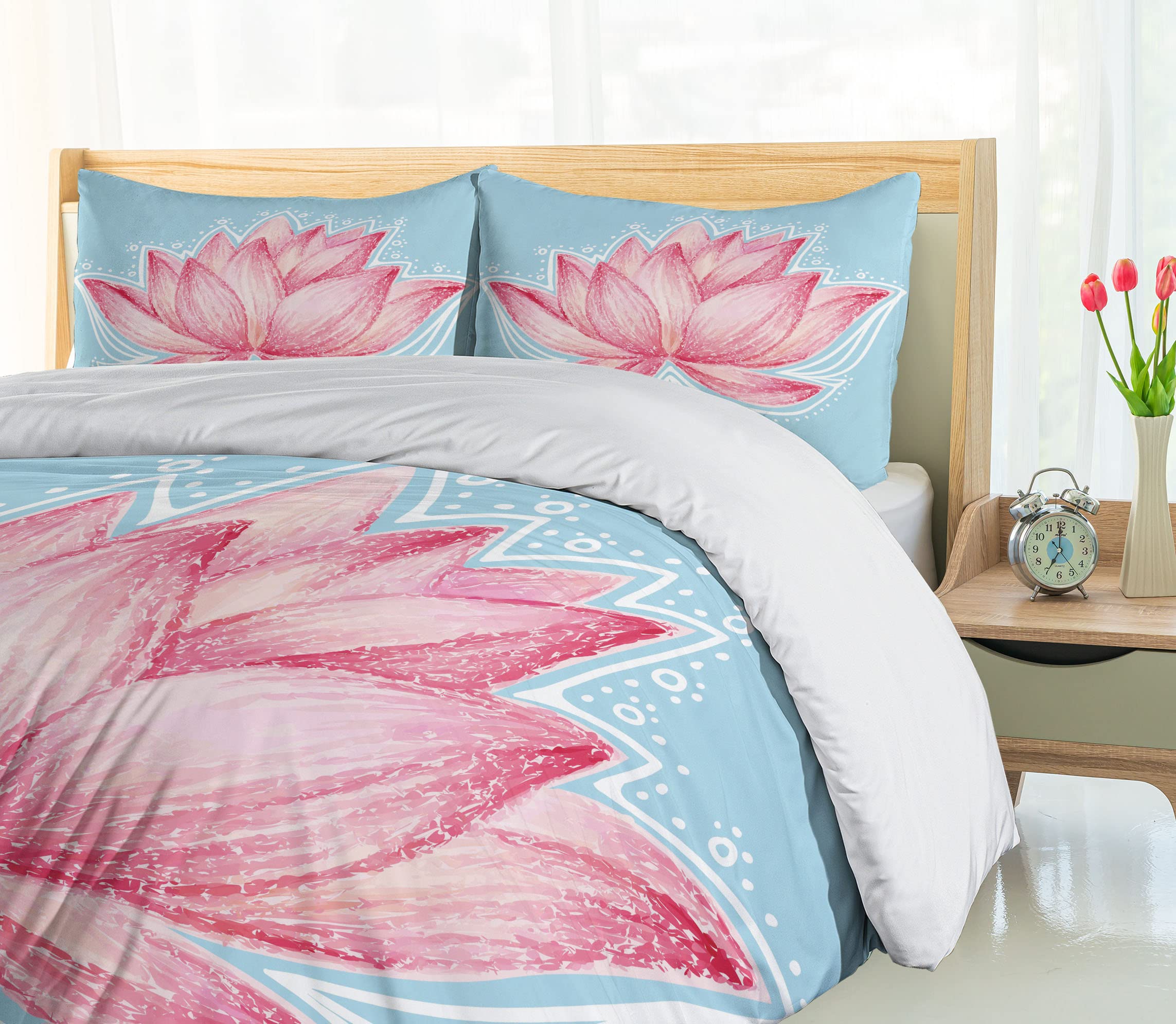 Ambesonne Lotus Duvet Cover Set King Size - Pink & Pale Blue Botanical Floral Bedding with 2 Pillow Shams | Gardening Theme Lotus Flower Pattern | 3-Piece Decorative Bedding Set for Master Bedroom, Guest Room & Bohemian Home Decor