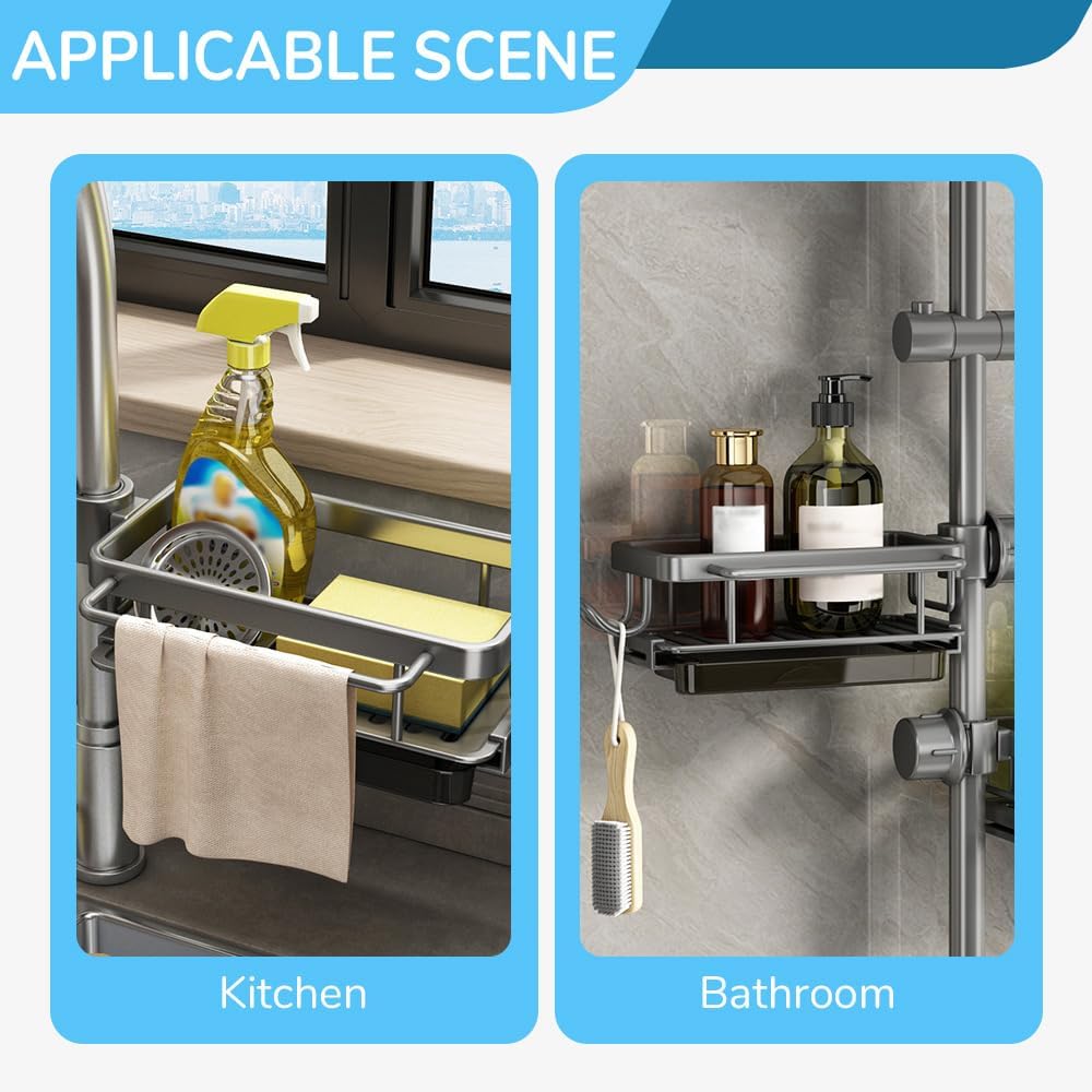 Adjustable Kitchen Sink Faucet Organizer & Sponge Holder - Detachable Sink Caddy for 0.7-1.1 Inch Round Pipes (Dark Gray, Left) | Perfect for Small Kitchen Organization, Dishwashing & Counter Space Saving