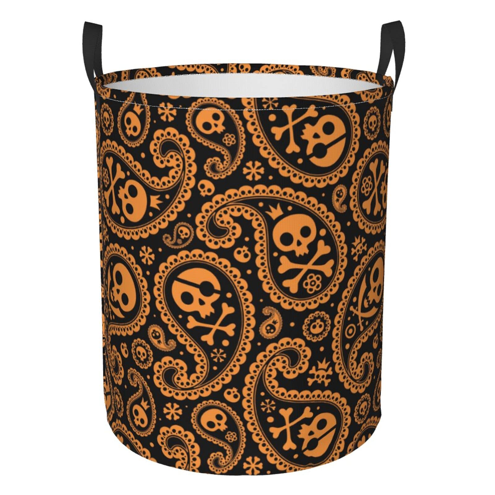 FeHuew Collapsible Laundry Basket with Handle - Waterproof Fabric Storage Hamper for Clothes, Toys & Bathroom Organization | Large Orange Paisley Sugar Skull Design | Perfect for Laundry Rooms, Dorms & Kids' Bedrooms