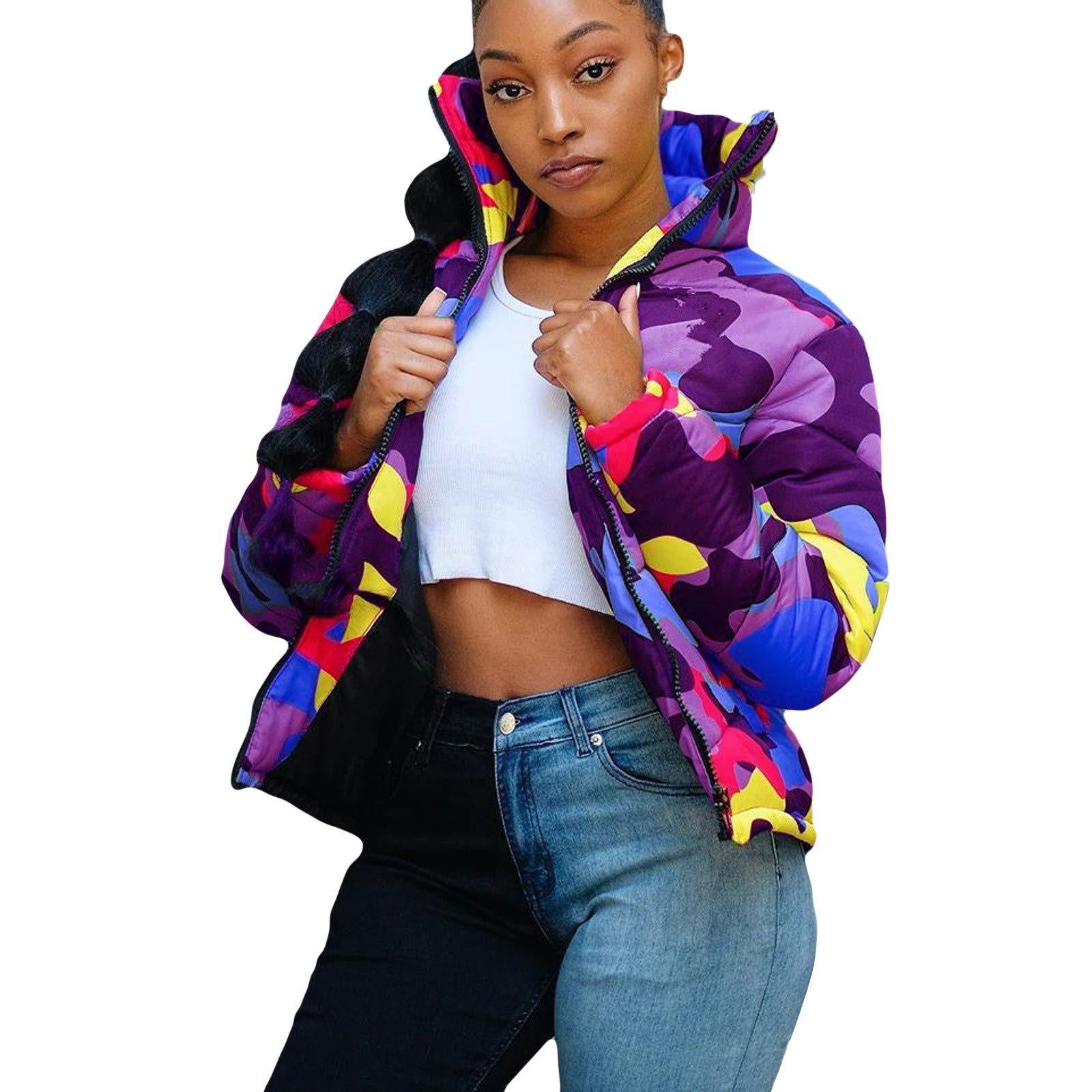 Women's Winter Coats & Unisex Long Sleeve Glossy Camouflage Down Jacket with Zipper Pockets - Warm Outerwear for Snow, Hiking & Outdoor Activities