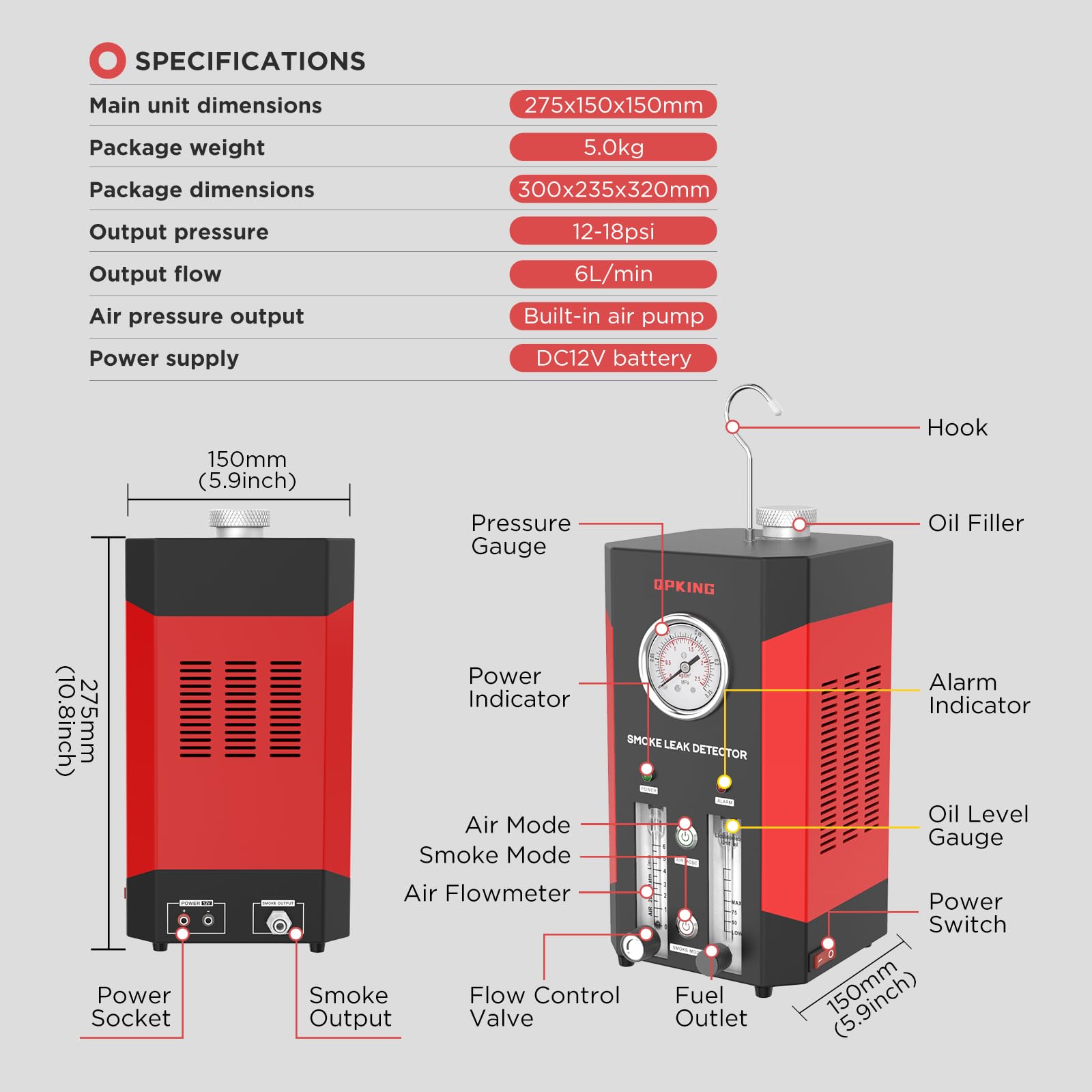 SDT206 Automotive Smoke Tester - Dual Mode EVAP Smoke Machine for 12V Vehicles | Car Vacuum & Fuel Leak Detector with Pressure Gauge & Adjustable Flow Meter | Perfect for Auto Repair Shops & DIY Mechanics