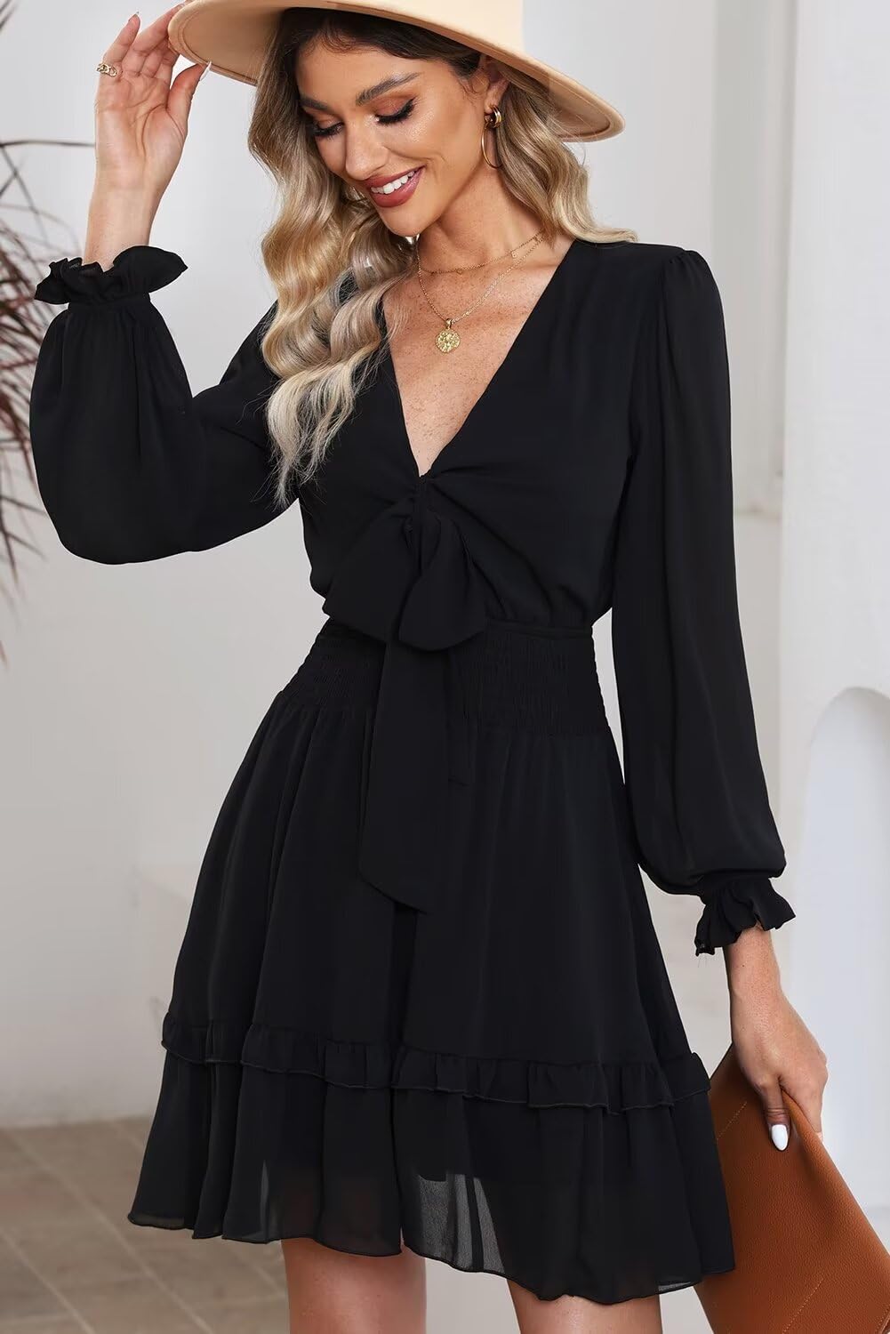 Dokotoo Women's Casual Deep V Neck Knotted Tiered Chiffon Mini Skater Dress for Spring Summer 2025 | Elegant Swing Dress for Party, Date Night & Vacation
