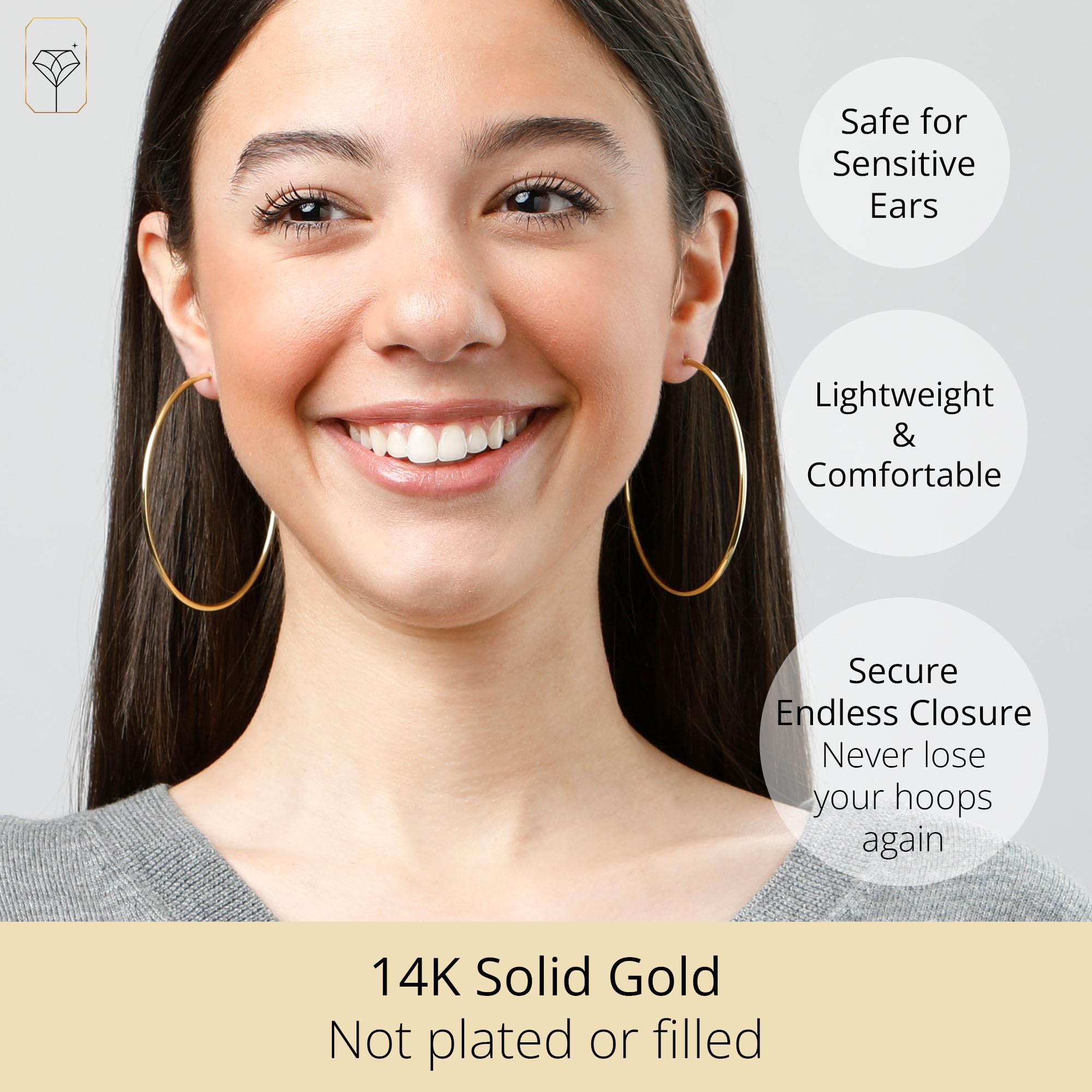 MAX + STONE 14k Solid Gold Hoop Earrings for Women - 2mm Tube, 33mm (1.3 Inch) Continuous Flex Design - Elegant Everyday & Special Occasion Jewelry Gift