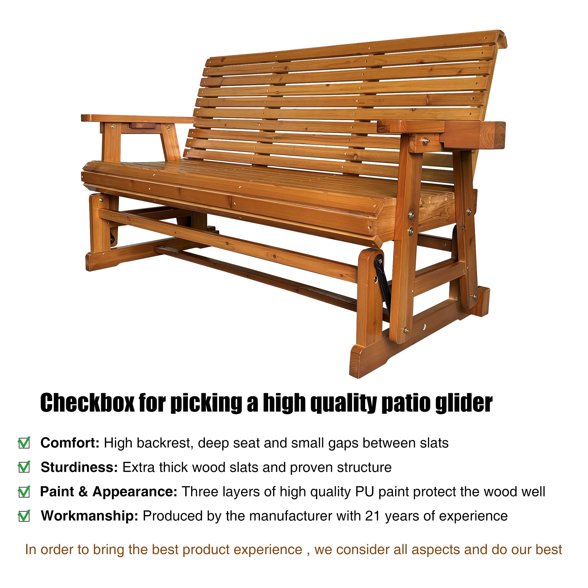 Fortune Candy 3-Seater Patio Glider with Cup Holders - High Roll Back & Deep Contoured Seat - Heavy Duty 800 lb Capacity - 5 Feet Teak Tone Outdoor Furniture - Perfect for Backyard, Garden, Deck or Poolside Relaxation
