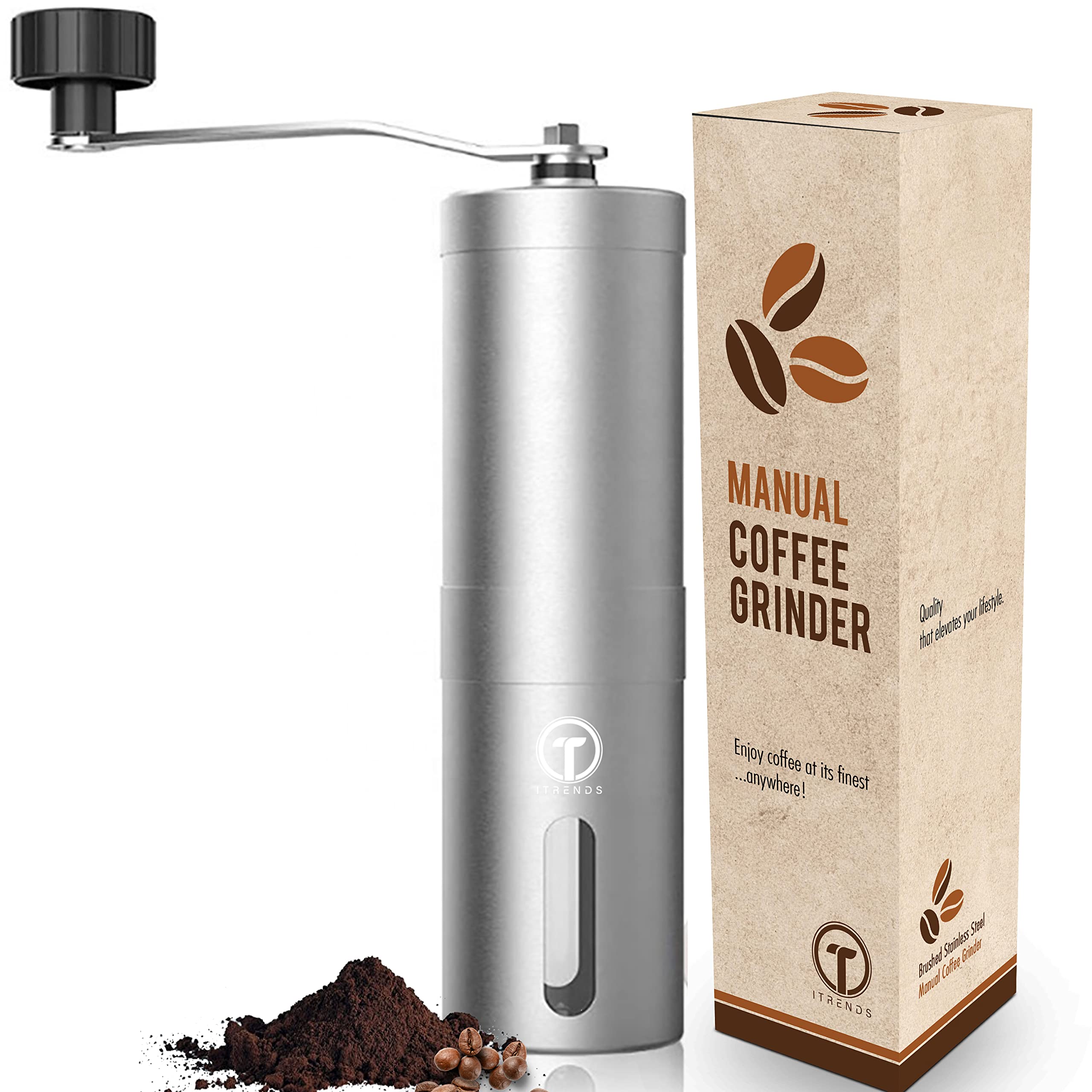iTrends Stainless Steel Manual Coffee Grinder - Adjustable Burr Mill for Espresso, French Press & Cold Brew | Portable Hand Crank Coffee Bean Grinder with Ceramic Conical Burrs | Perfect Gift for Coffee Lovers | Home, Office & Camping Use