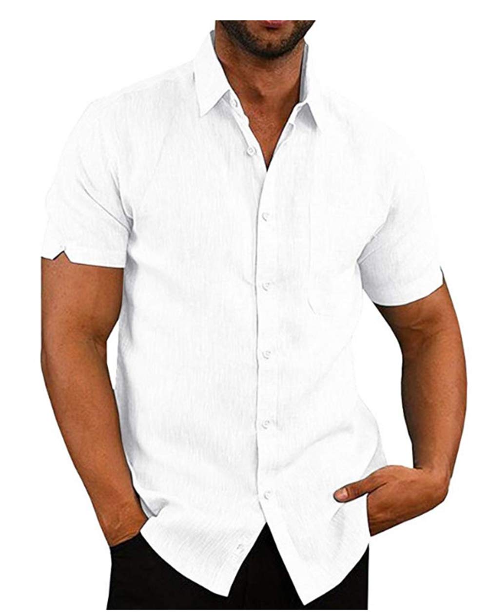 FUOE Men's Short Sleeve Linen Cotton Shirt - Solid Color Spread Collar Button Down Casual Tee for Fishing, Summer Outfits & Outdoor Activities