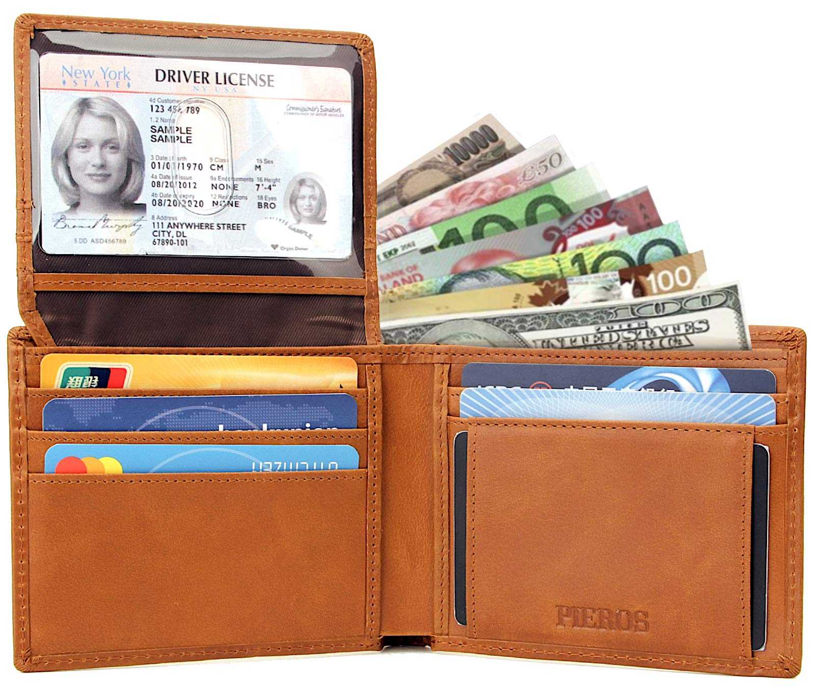 PIEROS RFID Blocking Wallet for Men - Extra Capacity Multi Card Holder, Bifold Top Flip Design, Genuine Full Grain Leather Travel Wallet - Perfect for Business, Travel & Everyday Use