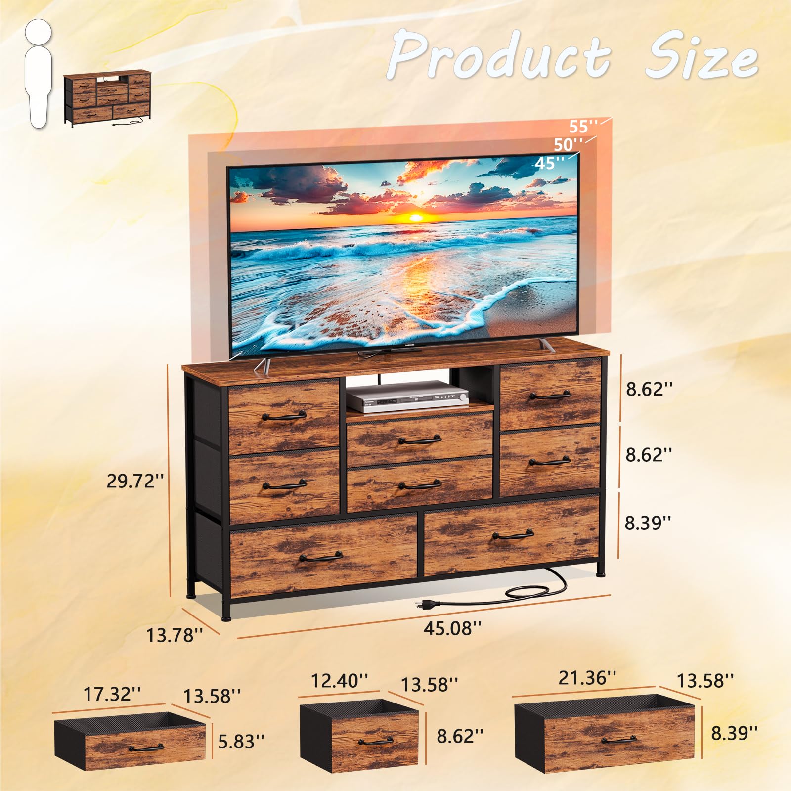 Industrial Rustic Brown 8-Drawer Dresser TV Stand with Power Outlets & Wood Top - Wide Storage Chest for Bedroom, Living Room & Closet Organization | Perfect for Small Spaces & Home Office Setup