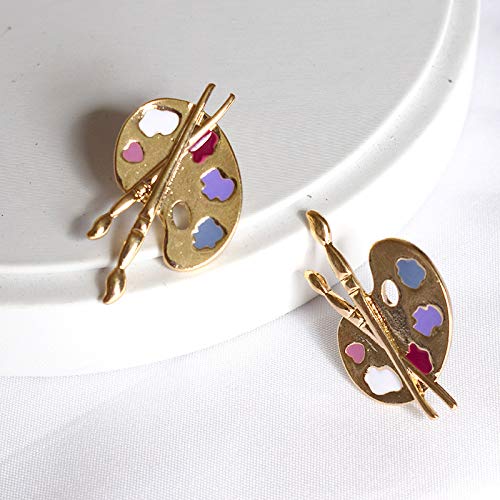 Gold Plated Colorful Paint Palette & Brush Stud Dangle Earrings - Artist Jewelry for Painters & Art Lovers - Perfect for Art Classes, Studio Wear & Creative Gift Giving