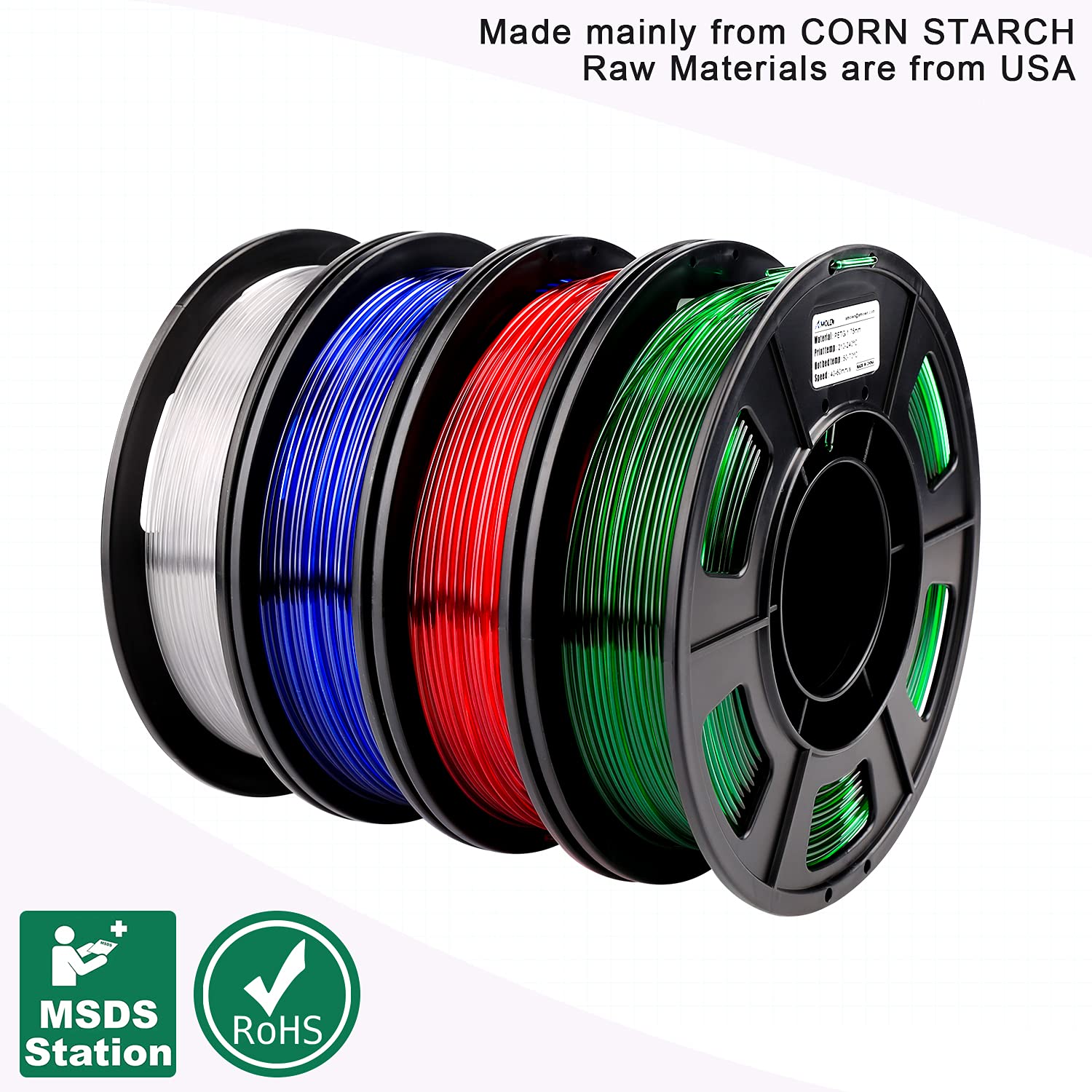 AMOLEN 3D Printer Filament Bundle - 4 Spools PETG Filament 1.75mm (250g Each) | Translucent Clear, White, Red, Green | High Light Transmission for Smooth Printing | Perfect for DIY Projects, Home Decor & Prototyping