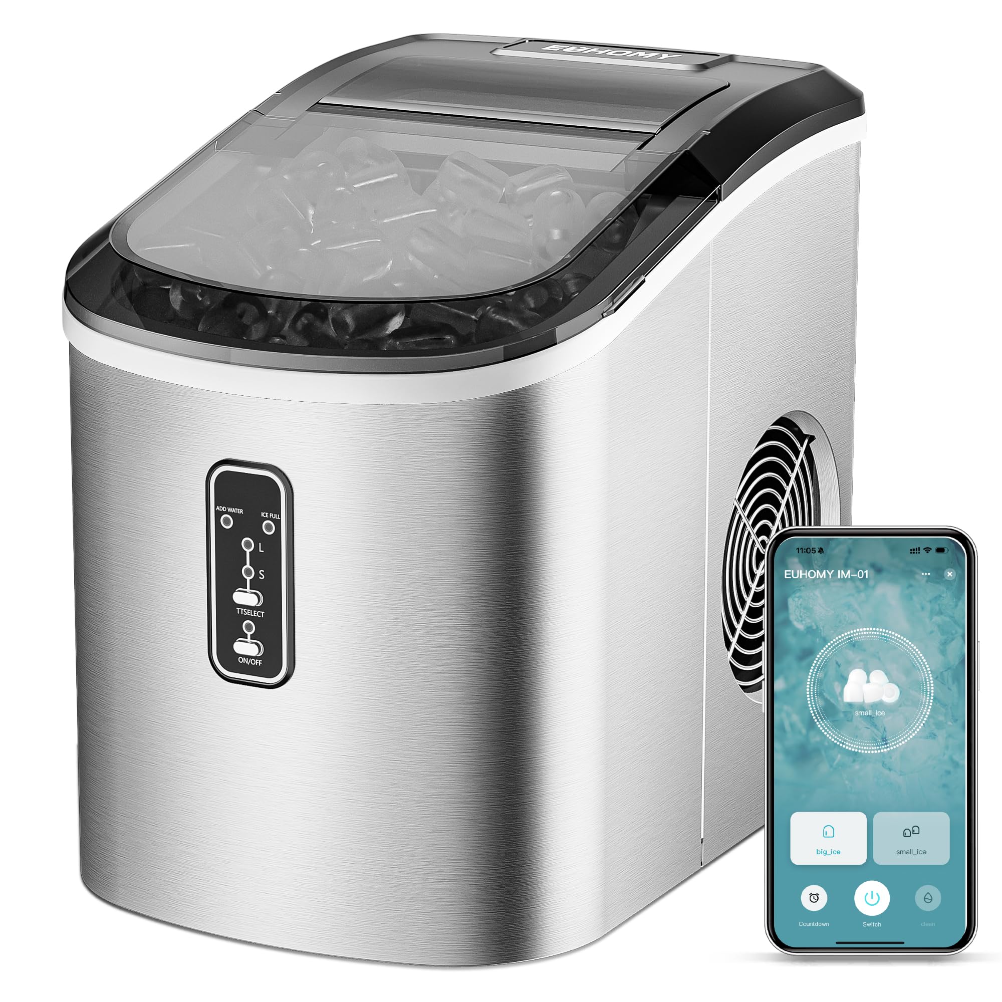 EUHOMY Portable Countertop Ice Maker - 26lbs Daily Output, 9 Ice Cubes in 8 Minutes, Self-Cleaning Smart Ice Machine with Scoop & Basket for Home, Kitchen, Office, Bar, RV (Silver) | Fast Cooling for Drinks, Parties & Outdoor Activities
