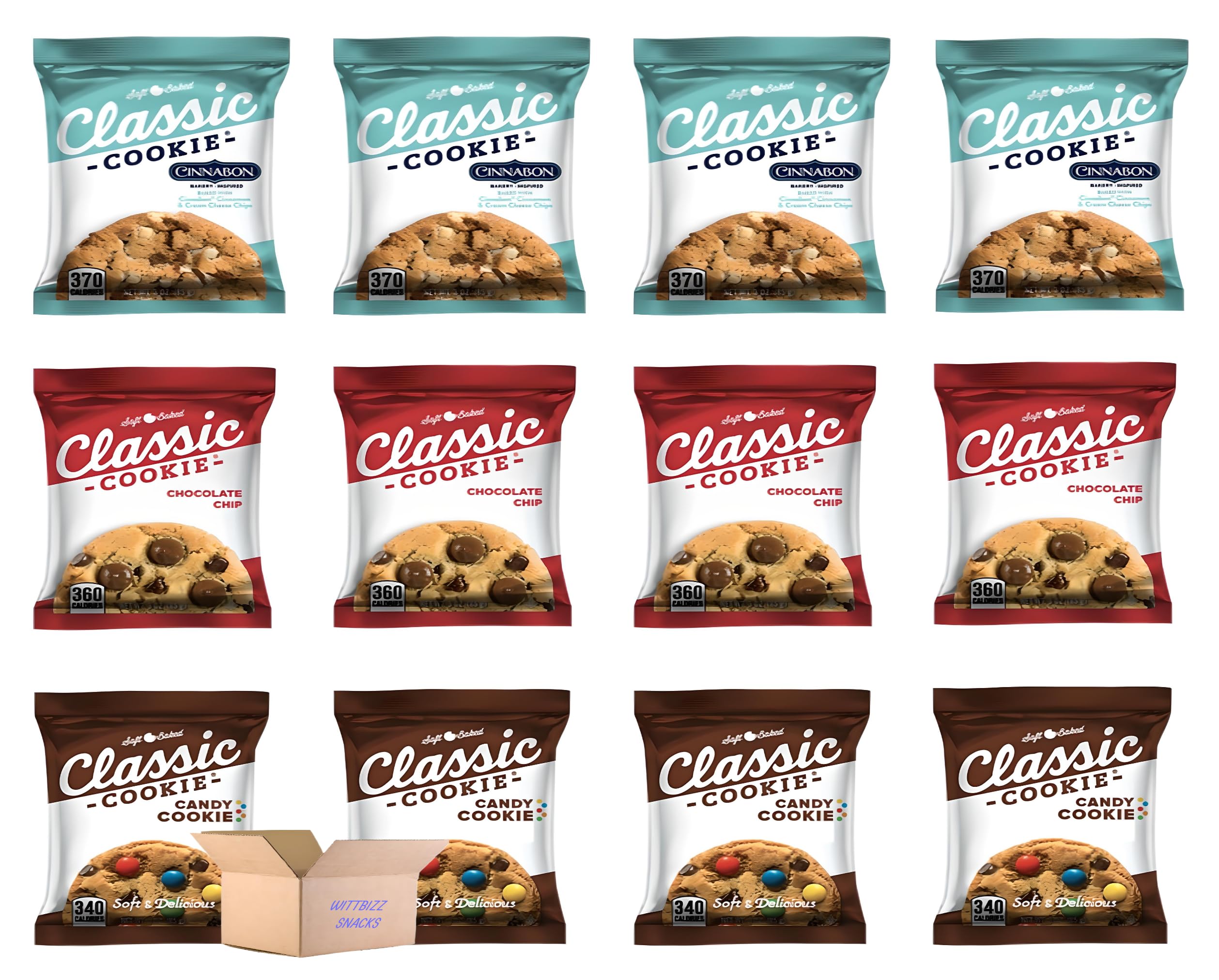 Wittbizz Classic Cookies Variety Pack - 12 Pack (3oz Each) | Cinnabon, Candy Cookie & Chocolate Chip Flavors | Perfect for Office Snacks, Party Favors & Gift Baskets