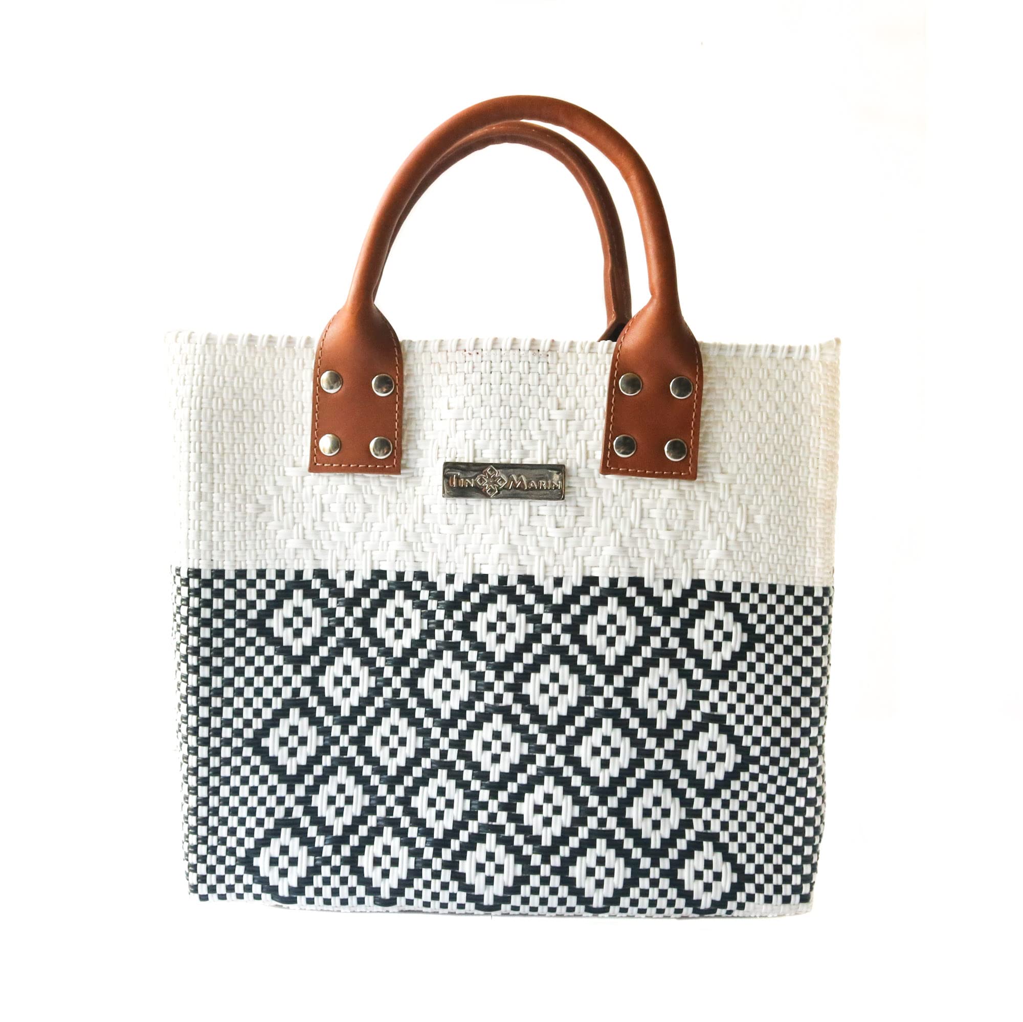 Eco-Friendly Large White Woven Crossbody Bag with Tan Leather Handles - Handcrafted Recycled Plastic Tote from Oaxaca Mexico - Perfect for Summer, Work & Everyday Use - Stylish & Sustainable Shoulder Bag for Women