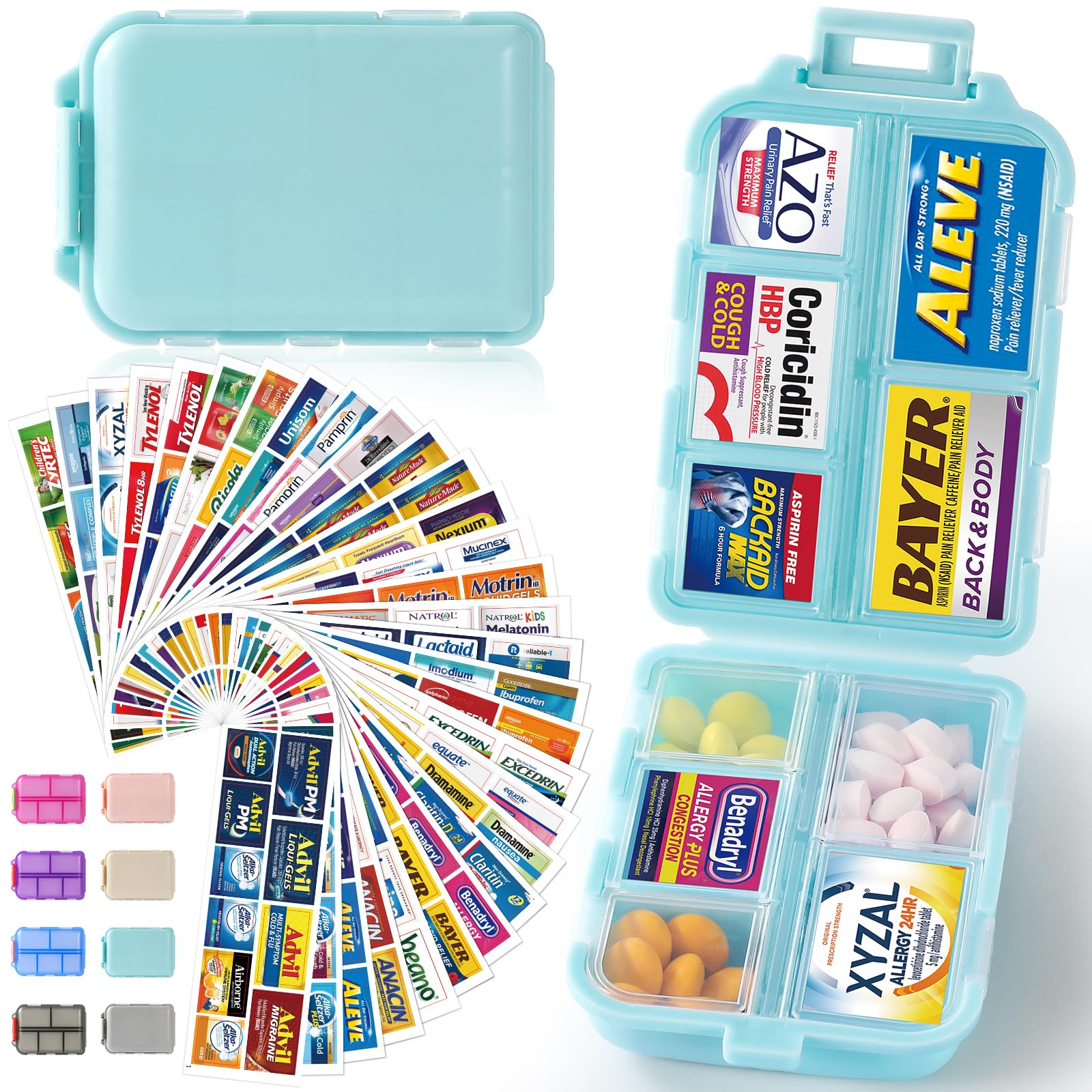 Portable 10-Compartment Travel Pill Organizer Box with 300 Pre-Printed & 28 Blank Labels - Daily/Weekly Medicine Case for Vitamins, Supplements & Medications (Blue) | Perfect for Travel, Work, Gym & Home Use