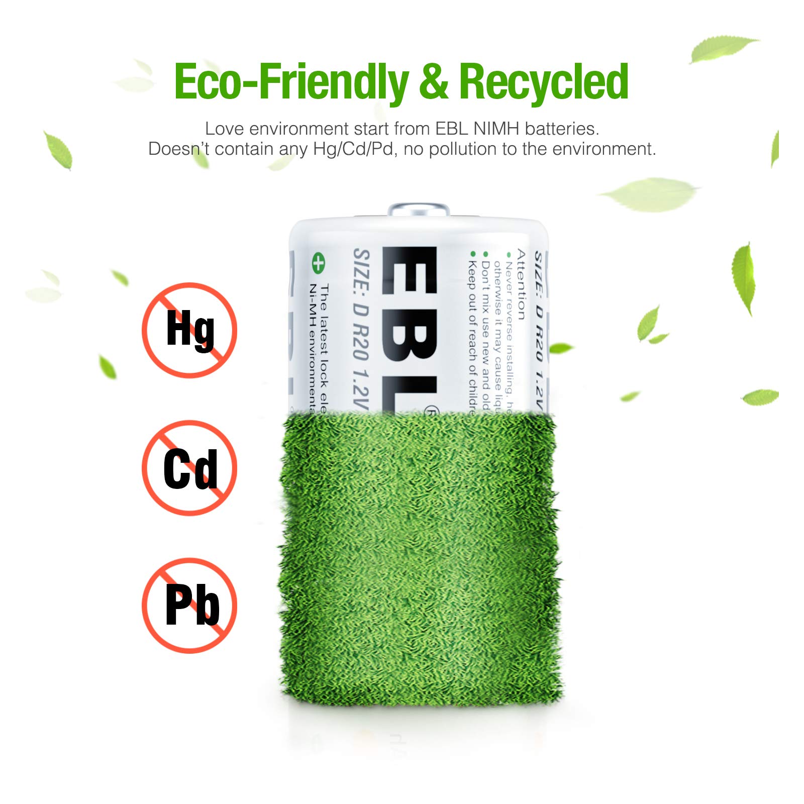 EBL D Size Rechargeable Batteries 10000mAh NiMH - 2 Pack High Capacity D Cell Batteries for Flashlights, Toys, Remote Controls & Emergency Devices