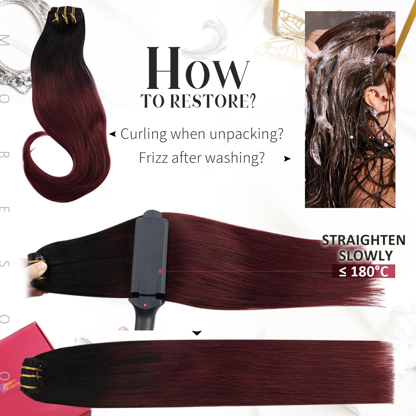 Premium Moresoo Burgundy Tape-In & Clip-In Hair Extensions - 20pcs/50g + 7pcs/120g Balayage Black to Red Wine Human Hair Bundle for Length & Volume | Perfect for Parties, Weddings & Daily Styling