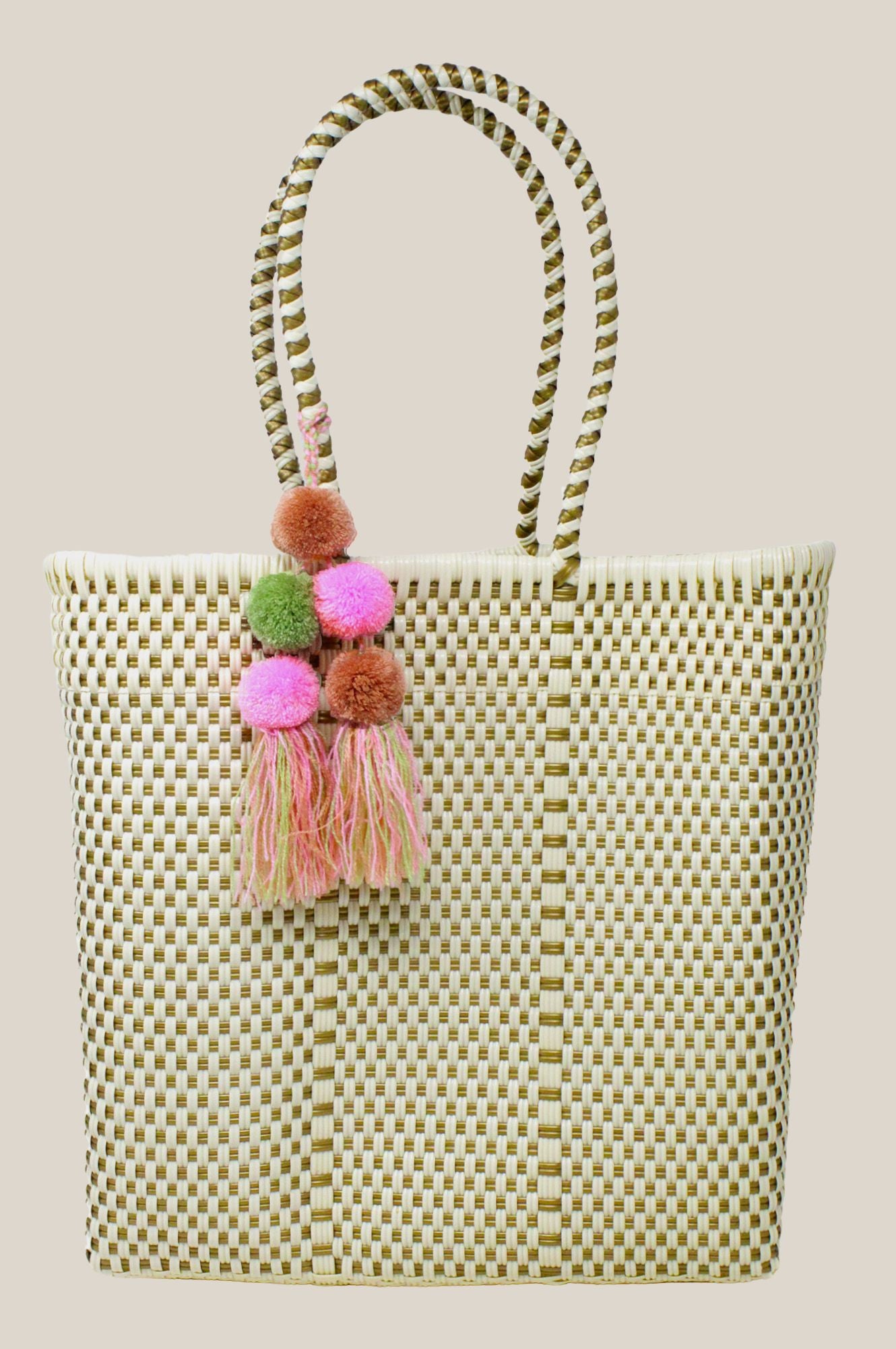Bombon Medium Tote Bag for Women - Elegant Bone & Gold Color Handbag - Perfect for Work, Travel, and Everyday Use