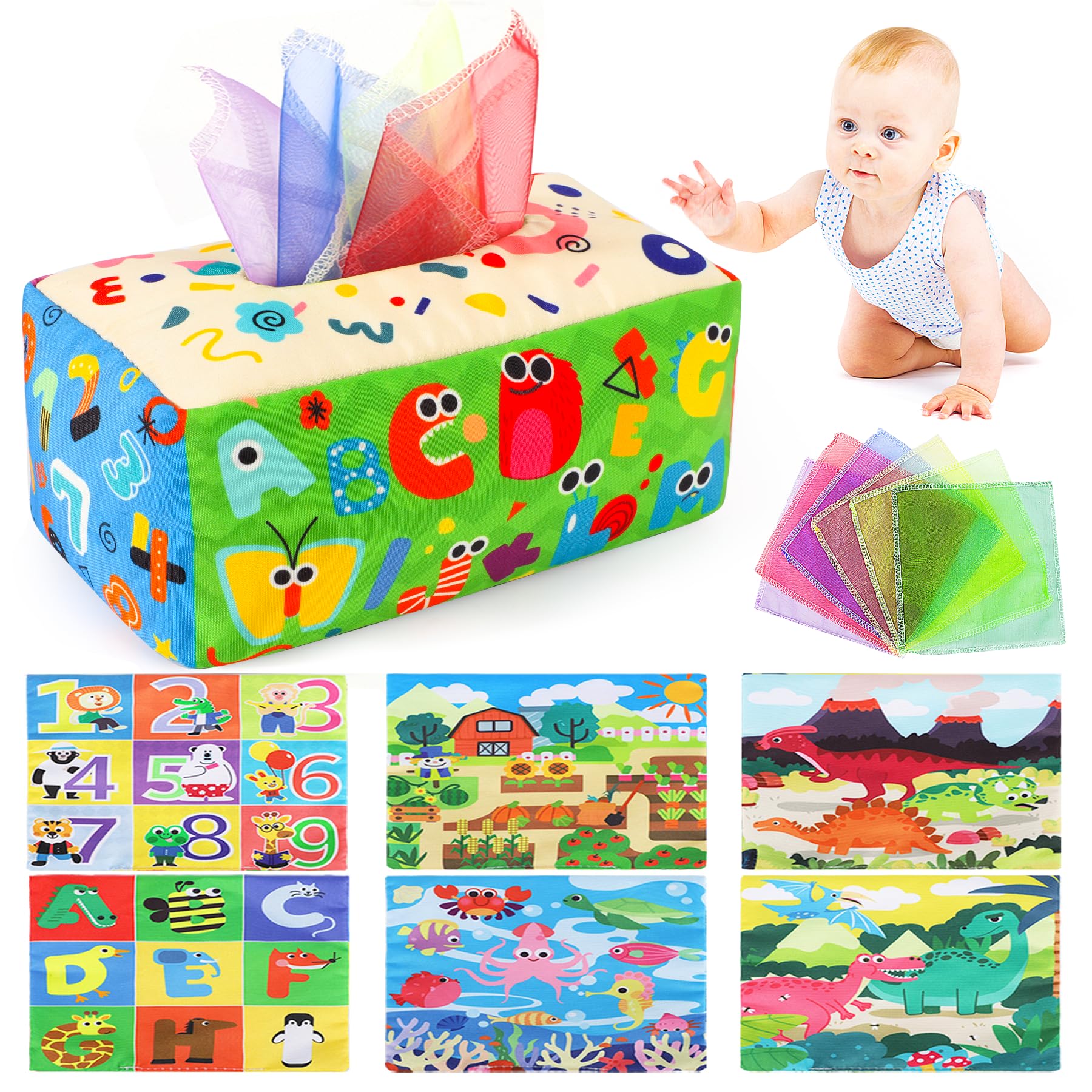 URMYWO Montessori Baby Tissue Box Toy - Soft Crinkle Sensory Learning Toy for 6-12 Months Old Infants & Toddlers - Perfect Baby Shower Gift & Easter Basket Stuffer - Great for Early Development & Playtime Fun