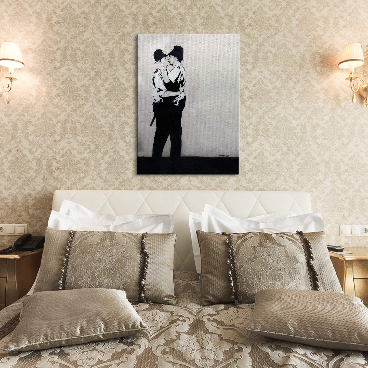 Banksy Canvas Art Print - Cops Kissing Street Graffiti Wall Decor - Urban Police Deputy Gay Artwork for Living Room, Bedroom & Office