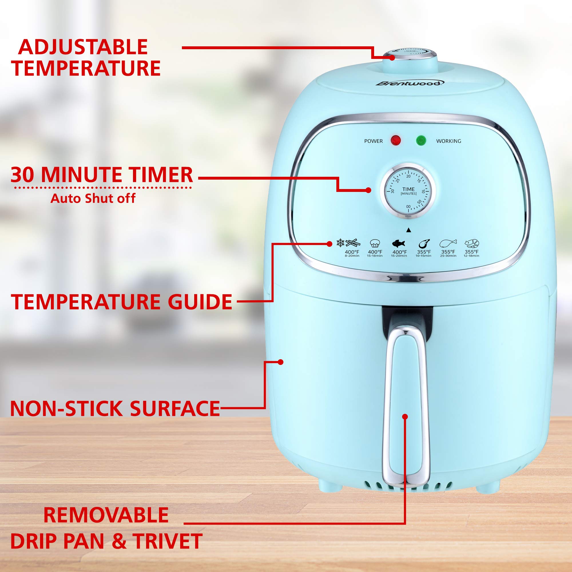 Brentwood AF-202BL 2-Quart 1200W Electric Air Fryer with Digital Timer & Adjustable Temperature - Blue - Healthy Oil-Free Cooking for French Fries, Chicken Wings & Vegetables