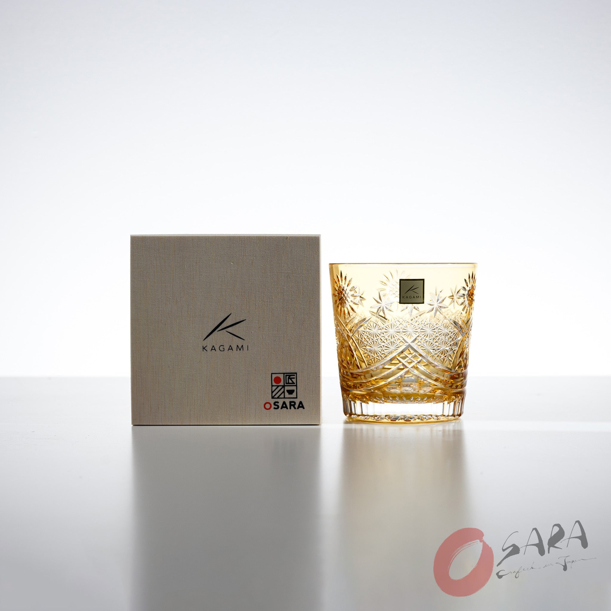 KAGAMI x OSARA Collaboration Crystal Rock Glass - Sunflower Design, Premium Whiskey Tumbler for Bourbon, Scotch & Cocktails - Elegant Barware for Home & Gifts
