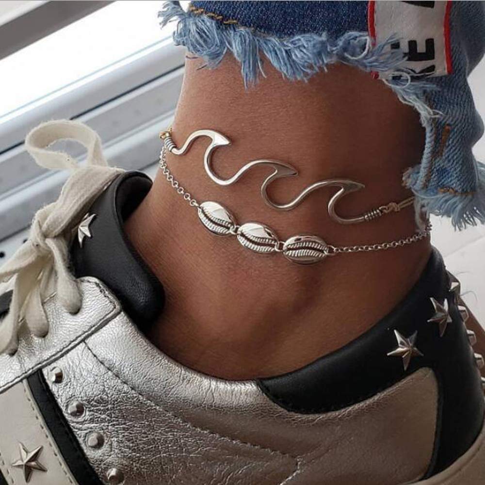 Bohemian Shell Wave Anklet Set - 2 Pcs Conch Leather Foot Chain Jewelry for Women | Perfect for Beach Vacations, Summer Outfits & Boho Fashion Accessories