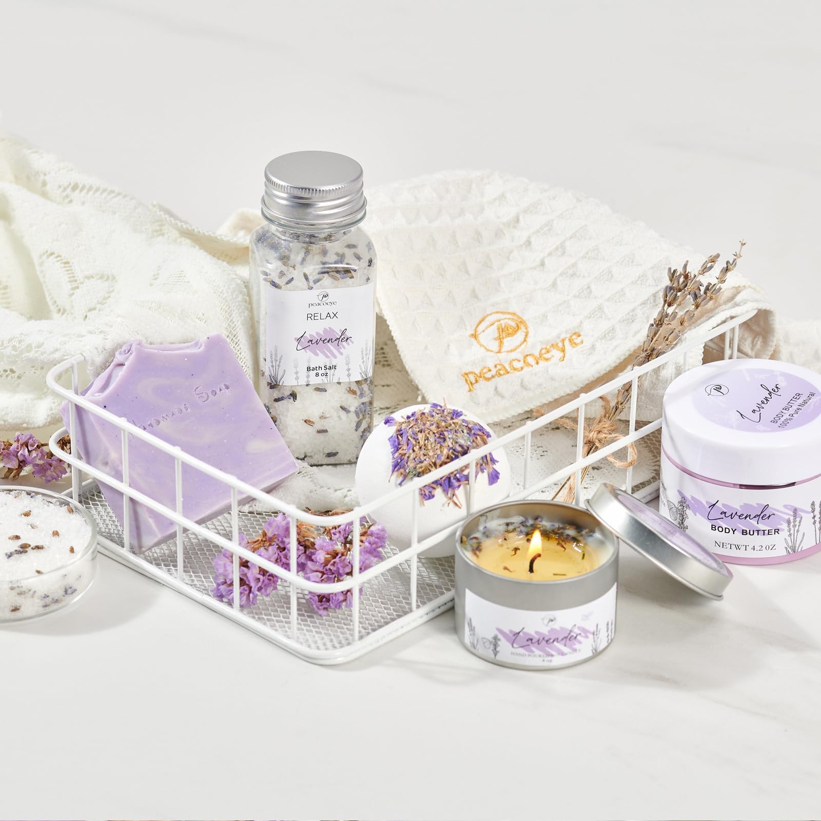Lavender Spa Gift Basket for Women - Relaxing Bath Set with Self Care Essentials - Perfect Mother's Day, Birthday, Friendship Gift for Mom, Wife, Sister, Aunt - Home Spa Kit for Stress Relief & Pampering - Ideal for Bubble Baths, Relaxation & Gift Giving Occasions