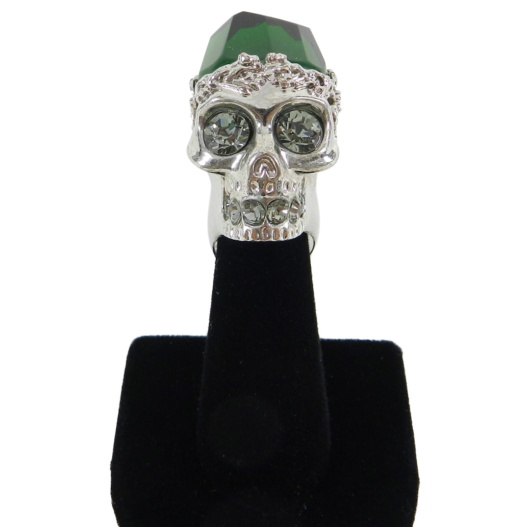 Alexander McQueen Green Faceted Glass Skull Statement Ring for Women - Gothic Jewelry, Luxury Fashion Accessory for Parties, Halloween & Special Occasions