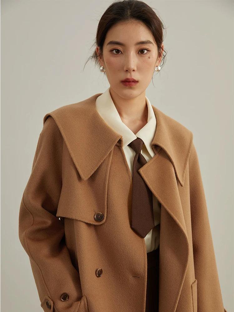 Women's Winter Double Breasted Wool Jacket - Short Loose Fit Belted Coat with Navy Collar | Warm Office Wear & Casual Outerwear for Business Women