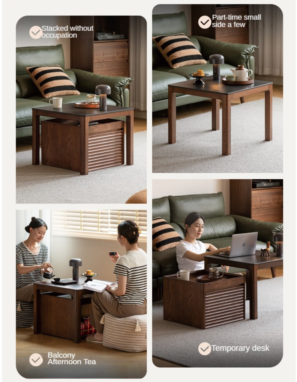 Solid Oak and Black Walnut Wood Rocking Coffee Table - Rustic Movable Side Table for Living Room, Patio, or Outdoor Use