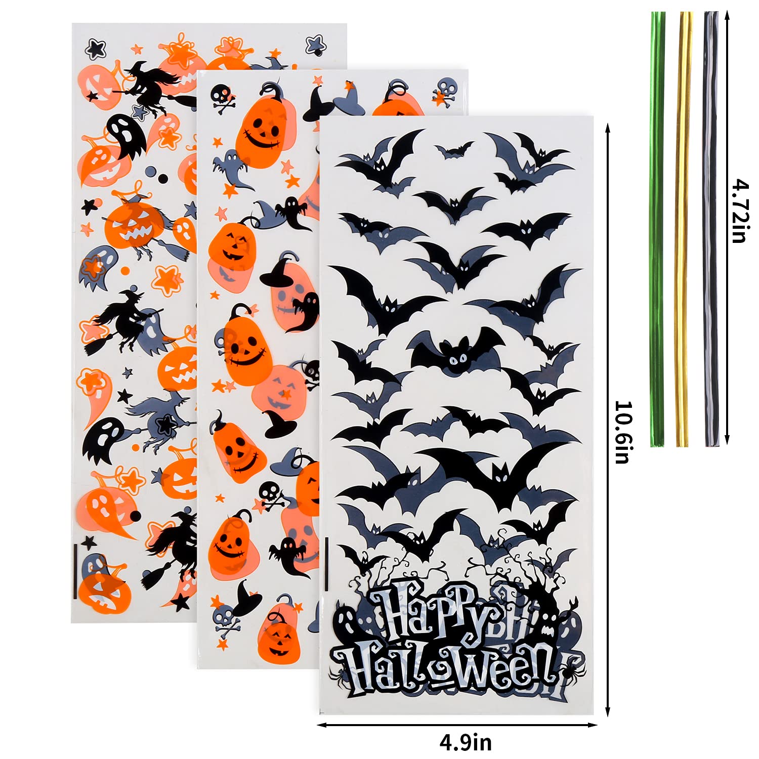 LOKIPA Halloween Cellophane Treat Bags - 150pcs Candy Goodie Bags with Twist Ties for Halloween Party Favors (3 Styles) | Perfect for Trick-or-Treating, Classroom Treats & Halloween Party Supplies