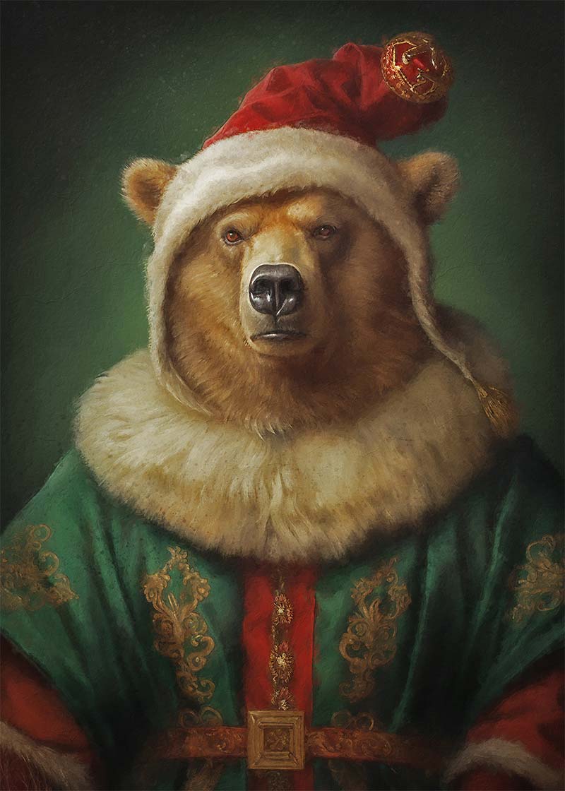 Christmas Bear Animal Portrait Print - Festive Holiday Wall Art Decor for Home, Office & Gifts | Perfect for Living Room, Bedroom & Christmas Party Decorations