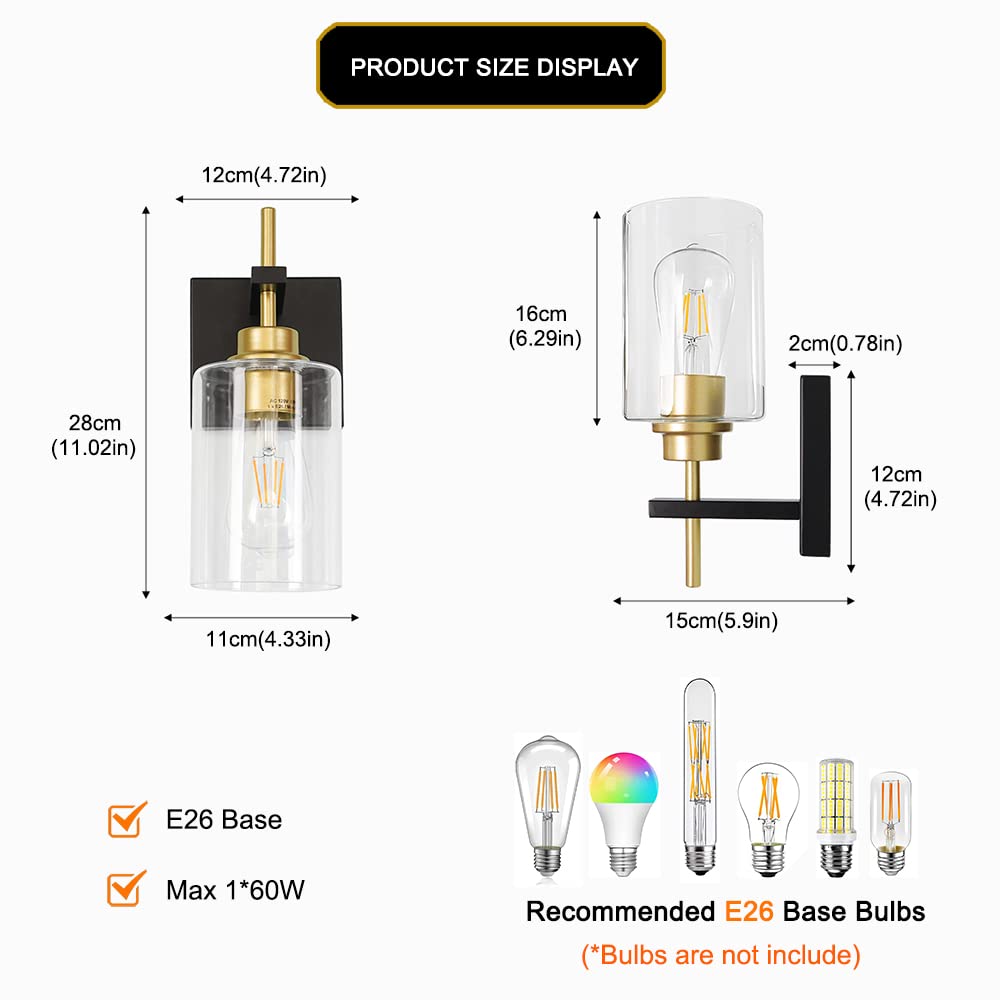 Black Gold Wall Sconces Set of 2 - Modern Glass Bathroom Lighting for Bedroom Living Room