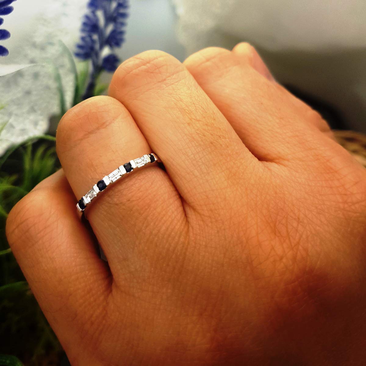 18K Solid White Gold Blue Sapphire & White Diamond Women's Anniversary Wedding Band - Stackable Ring for Bridal, Engagement & Special Occasions - Dazzlingrock Collection