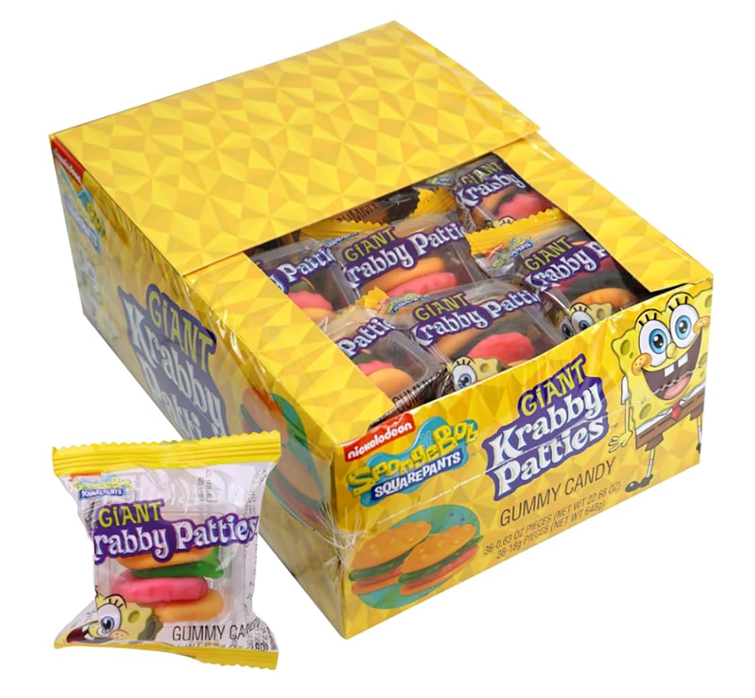 Spongebob Squarepants Giant Krabby Patties Gummy Candy - 36 Count Bulk Pack | Delicious Soft Chewy Gummy Treats for Kids Birthday Parties, Halloween Goodie Bags & Movie Night Snacks