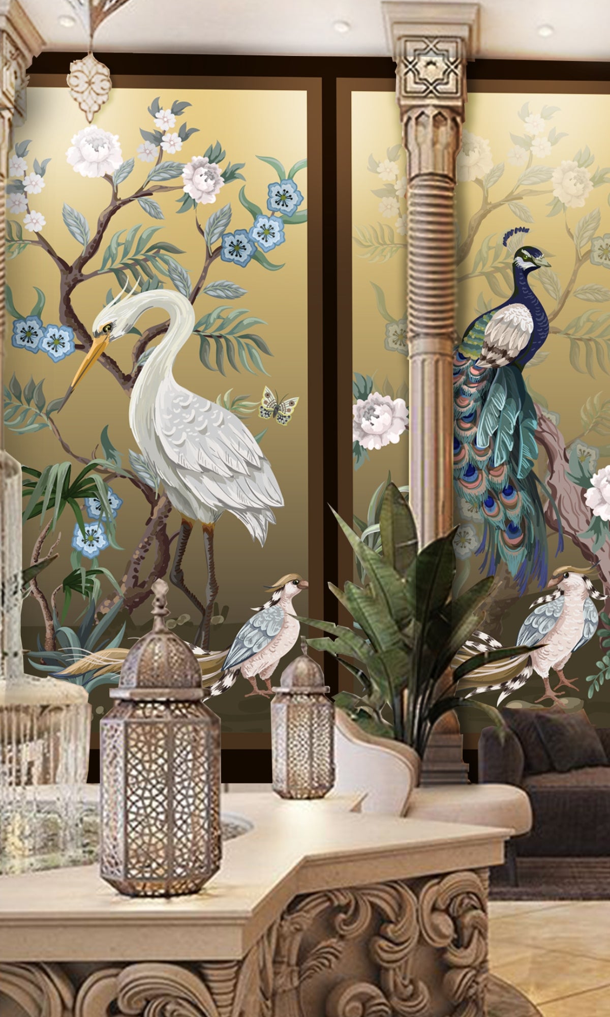 Vibrant Peacock Garden Mural Wallpaper M1170 - Self-Adhesive Peel and Stick Wallpaper for Bedroom, Living Room, Nursery, or Office Decor
