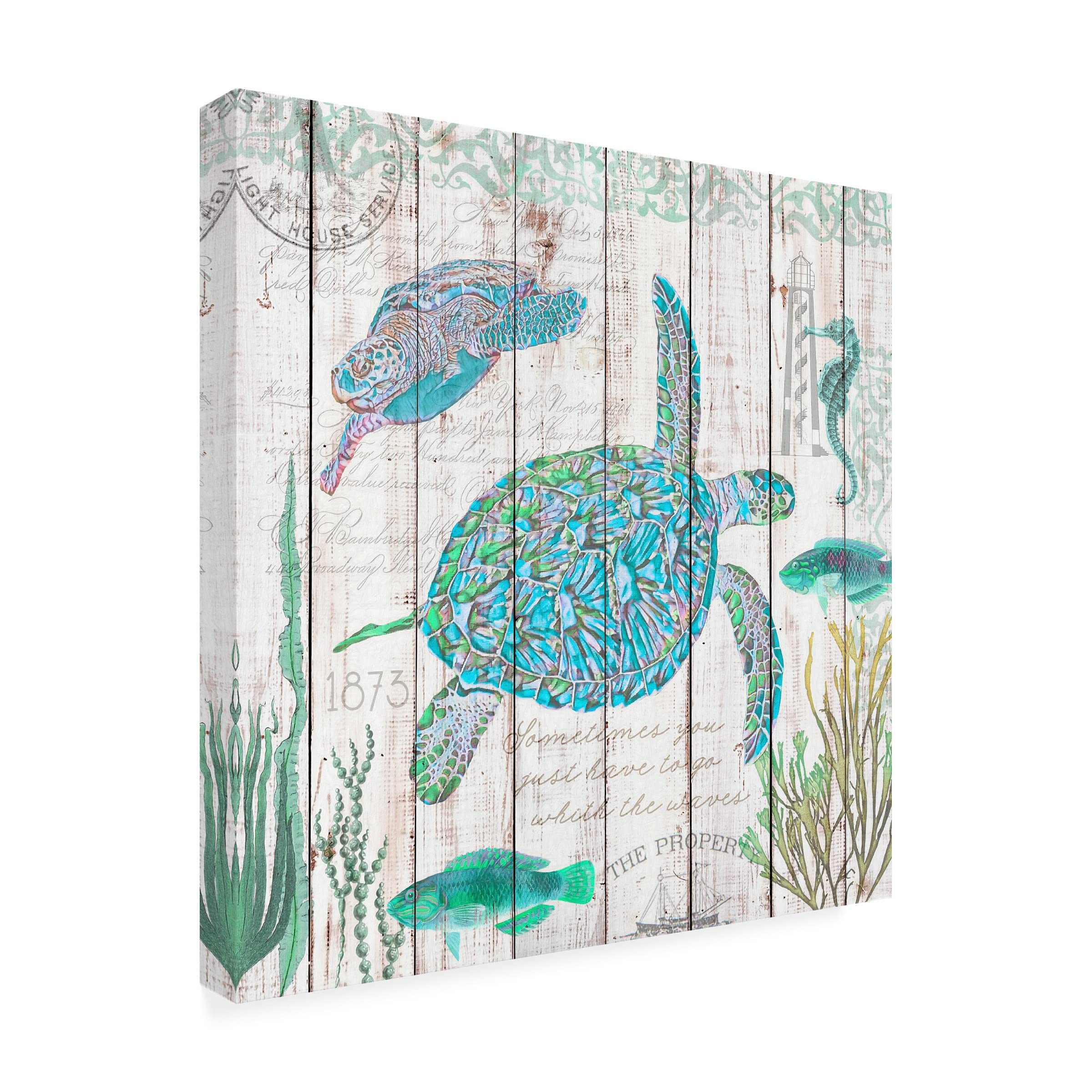 Trademark Fine Art 'Sea Turtles on Driftwood Panel' Canvas Wall Art Print by Cora Niele - Perfect for Beach House Decor, Living Room & Ocean Theme Bedroom