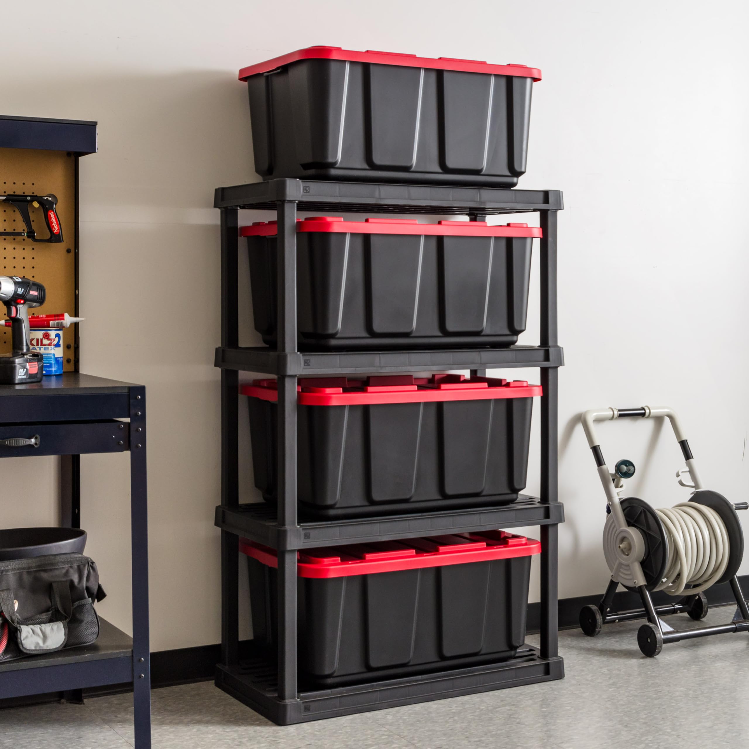 IRIS USA 27 Gallon Heavy Duty Truck Bed Toolbox Storage Tote Bins with Lids, 4 Pack - Durable Stackable Industrial Containers for Garage Organization, Workshop & Outdoor Use - Made in USA - Black/Red
